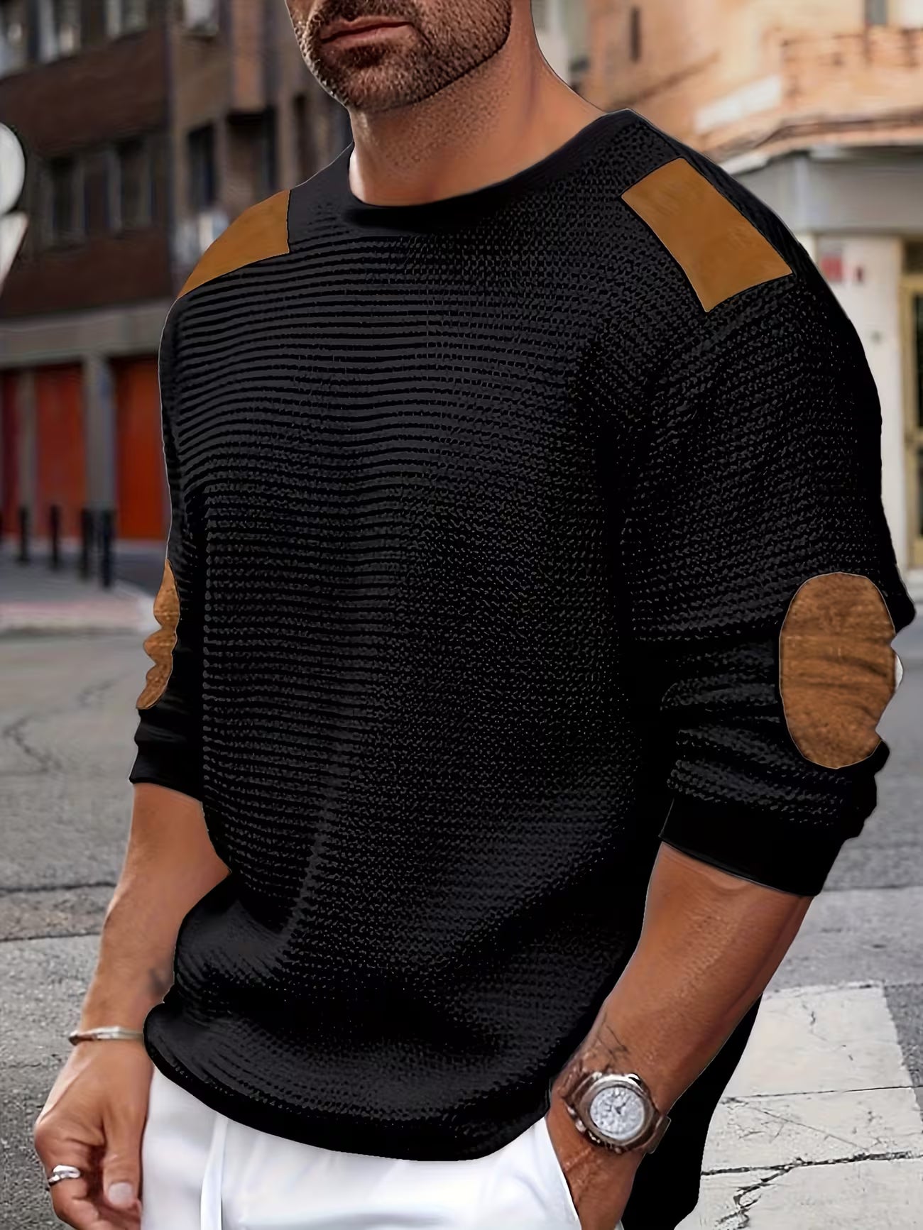 Men's Color Block Waffle Knit Crewneck Sweatshirt