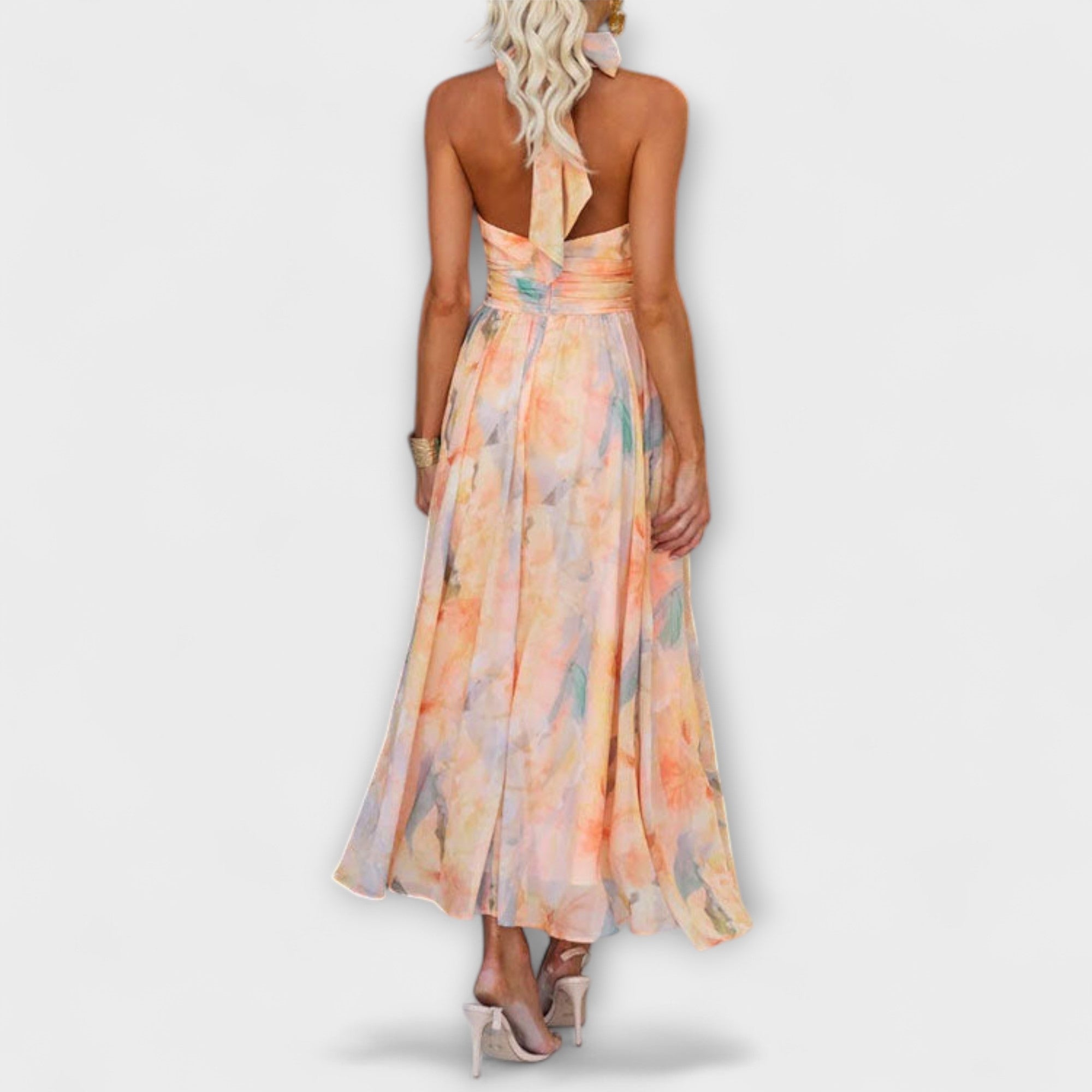 Neck Watercolor Print Maxi Dress