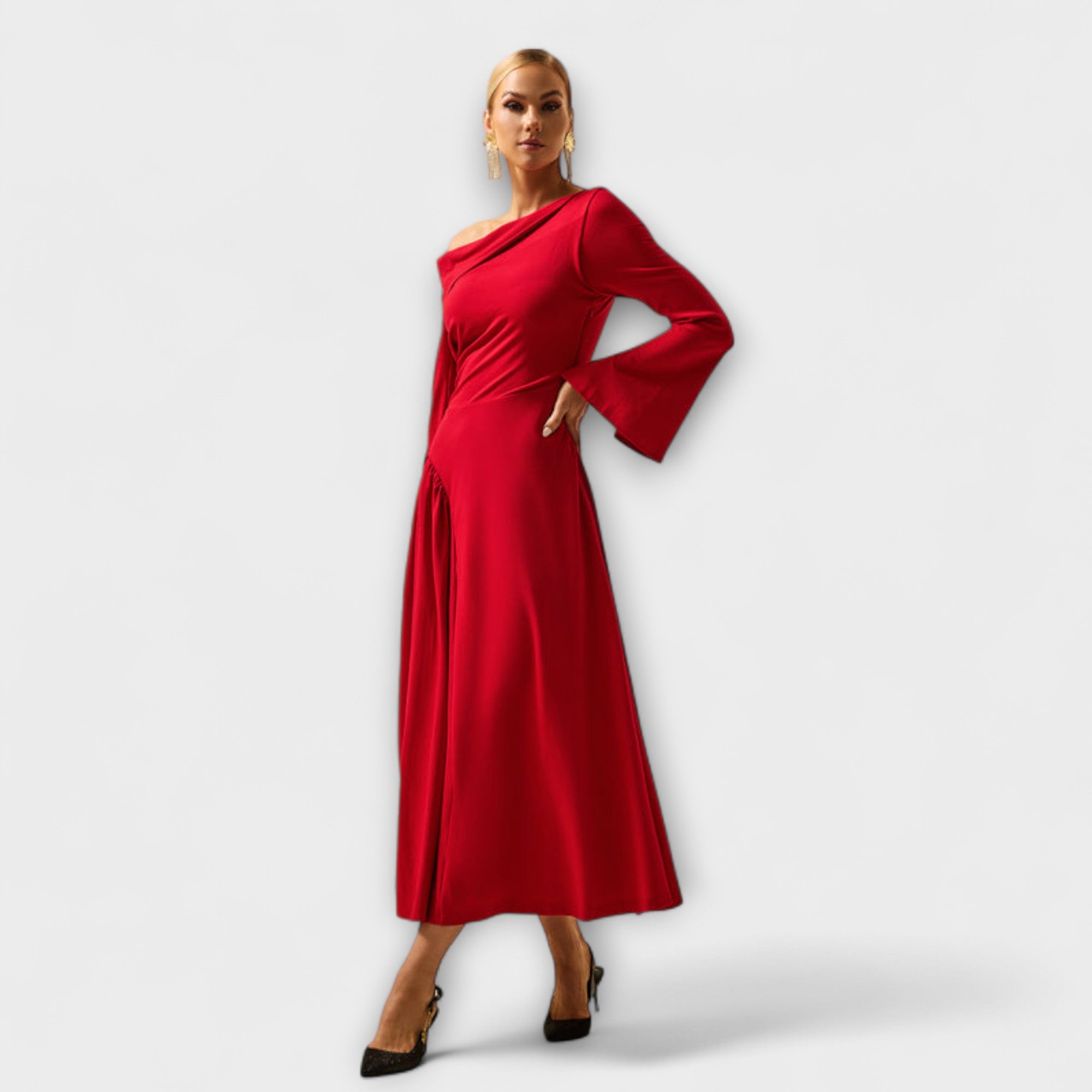 Off-Shoulder Midi Dress With Gathered Balloon Sleeves