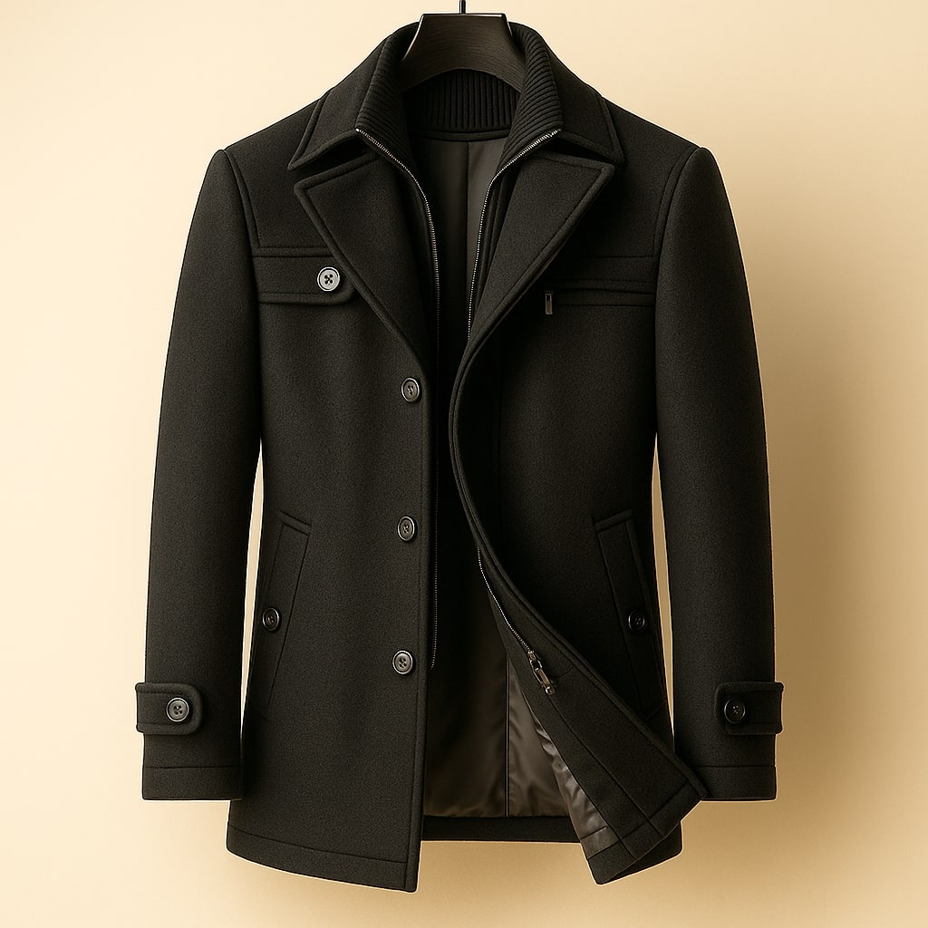 Men's Wool Blend Overcoat – Inner Zip Panel, Tailored Fit