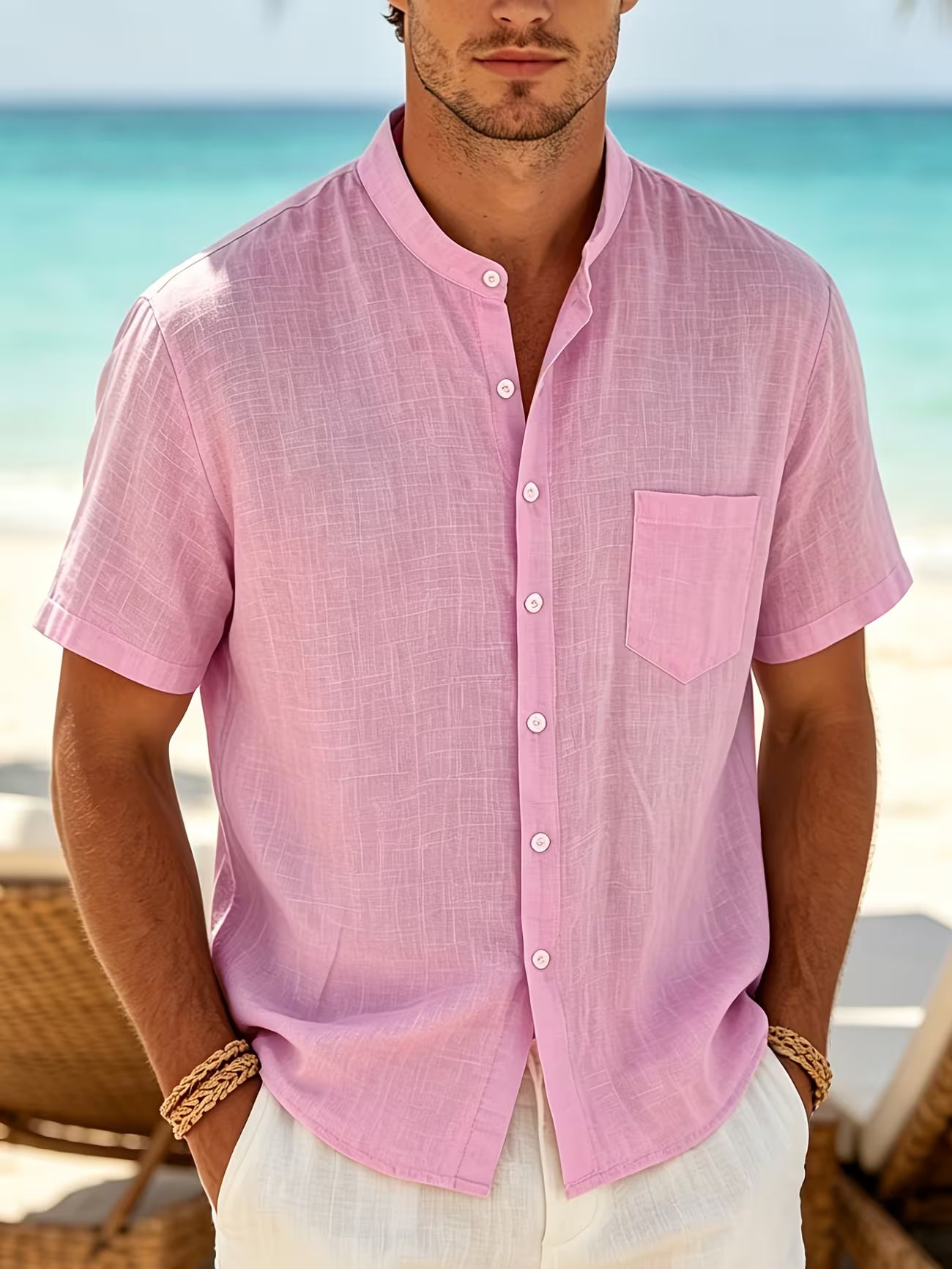 Men's Cotton Stand Collar Button Shirt