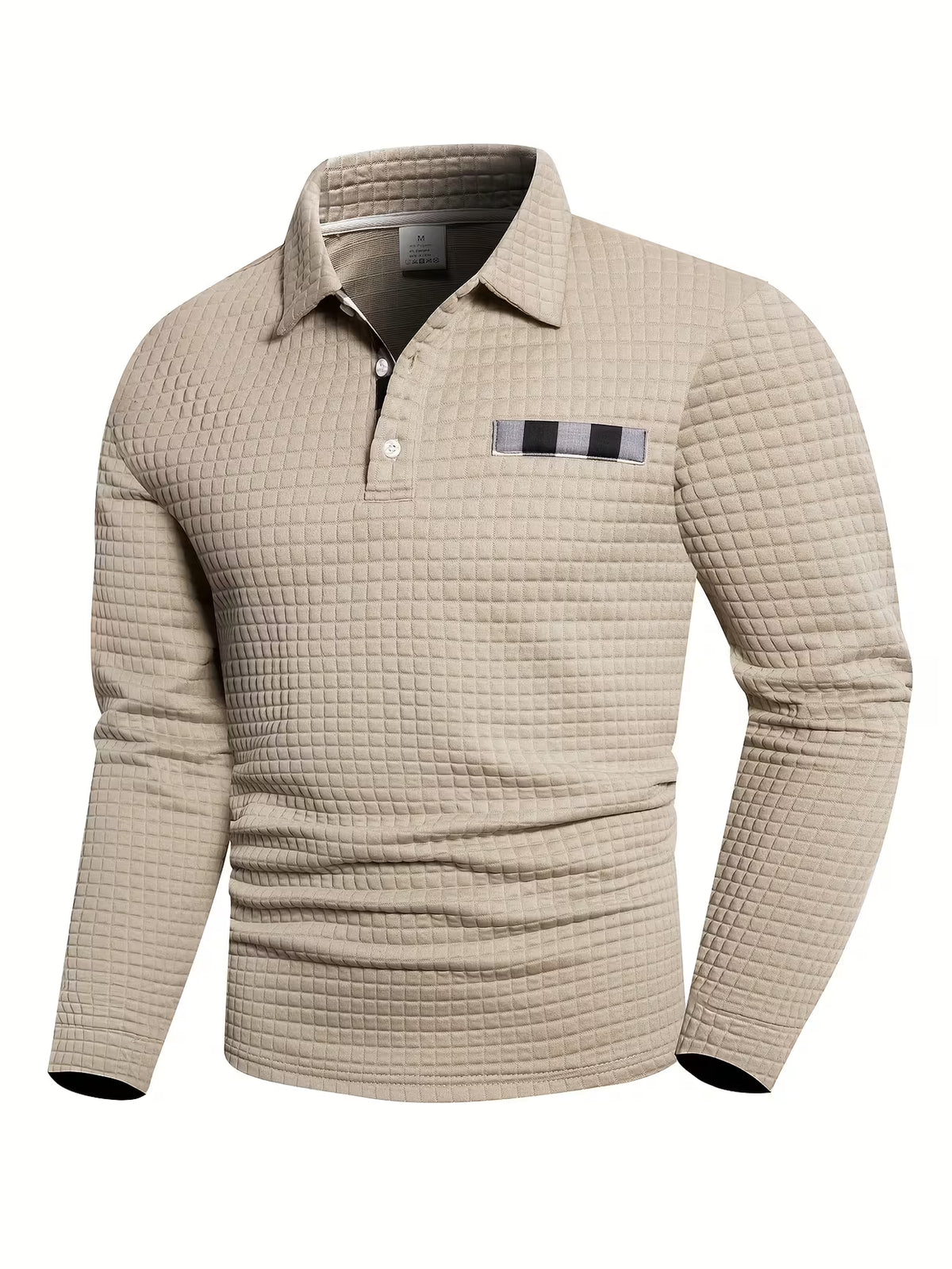 Men's Grid Print Shirt – Textured Long Sleeve, Lapel Collar