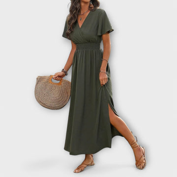 Elegant Boho Dress With V-Neck And Long Sleeves
