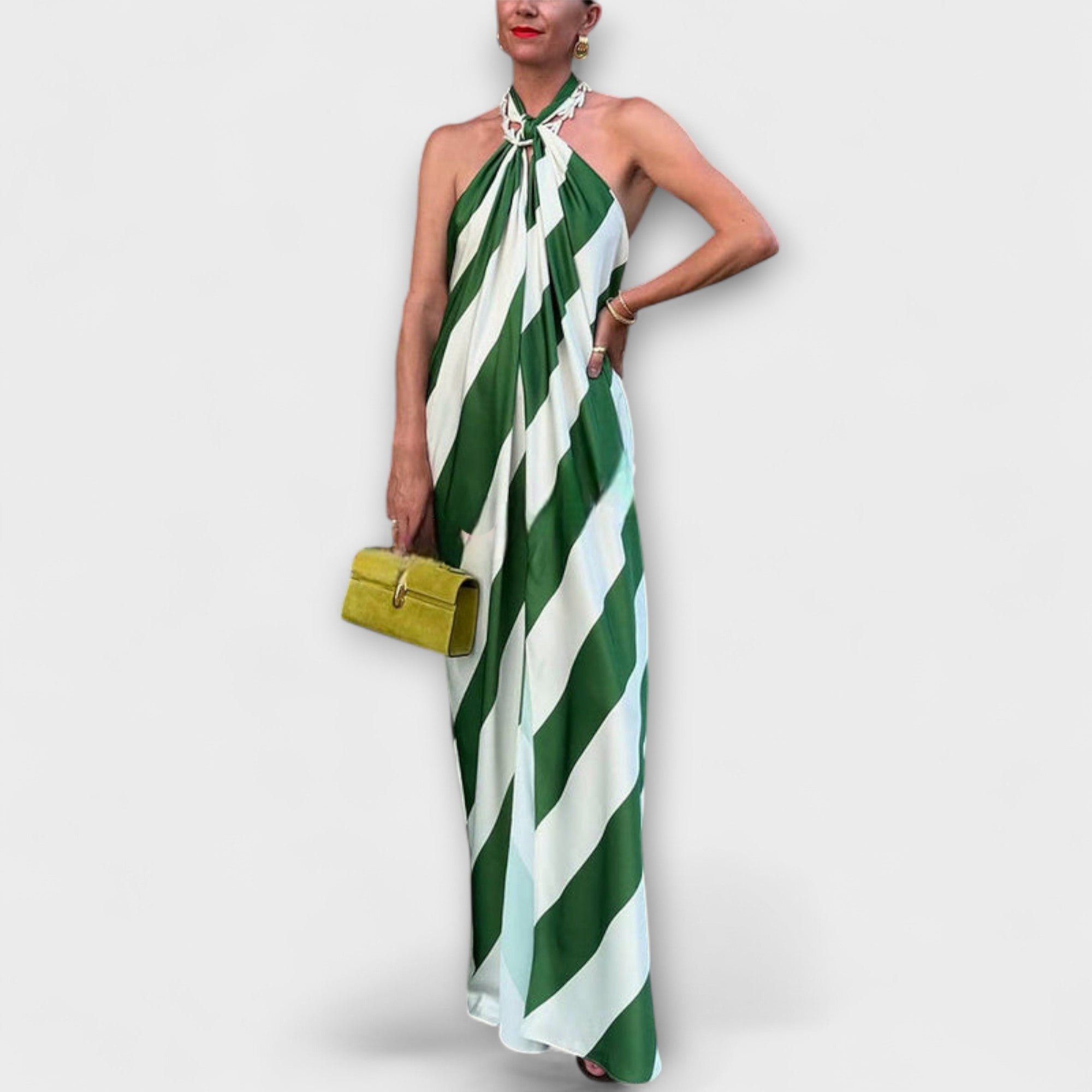 Striped Pattern Halter Backless Maxi Dress