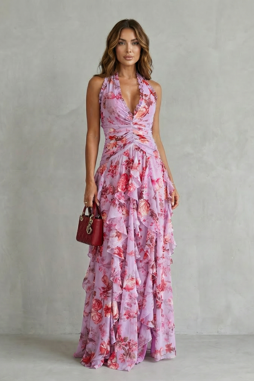 Women Pink Rose Print Halter Maxi Dress