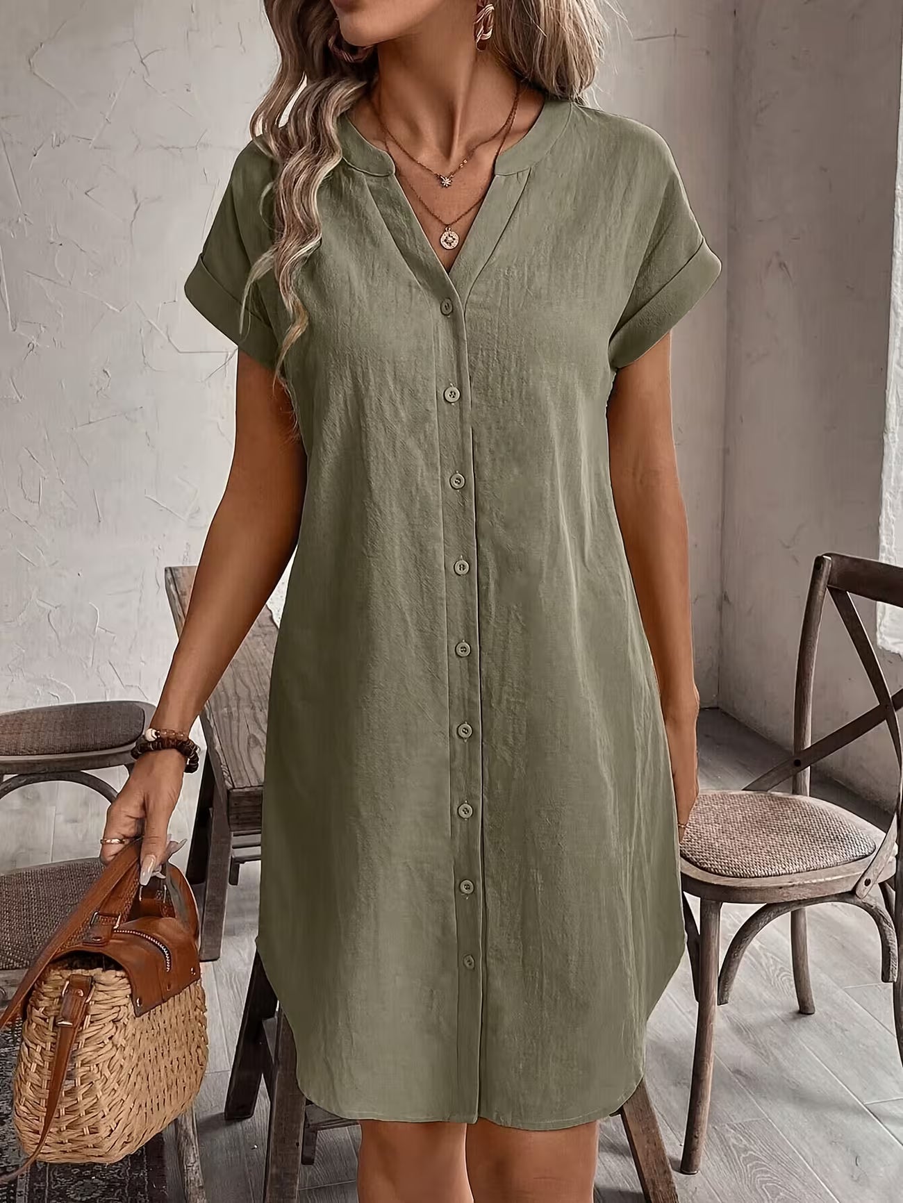 Women's Elegant V-neck Button Loose Fit Midi Dress Shirt