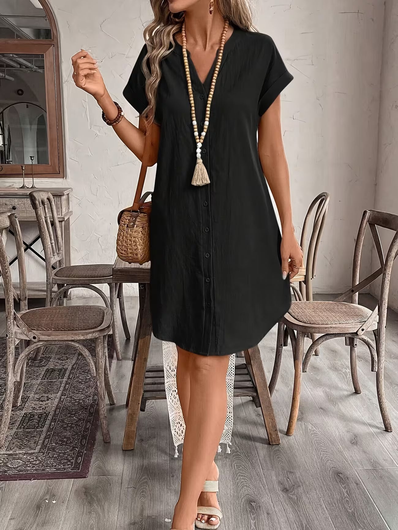 Women's Elegant V-neck Button Loose Fit Midi Dress Shirt