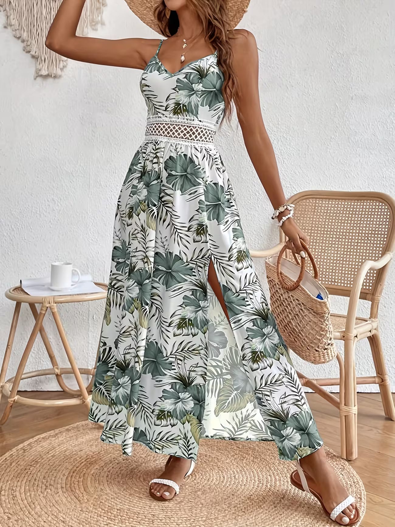 Women's Floral Print Bohemian Sleeveless Split Midi Dress