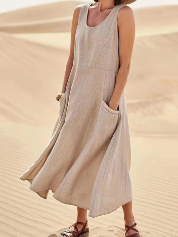 Women's Sleeveless A-line Midi Dress With Pockets