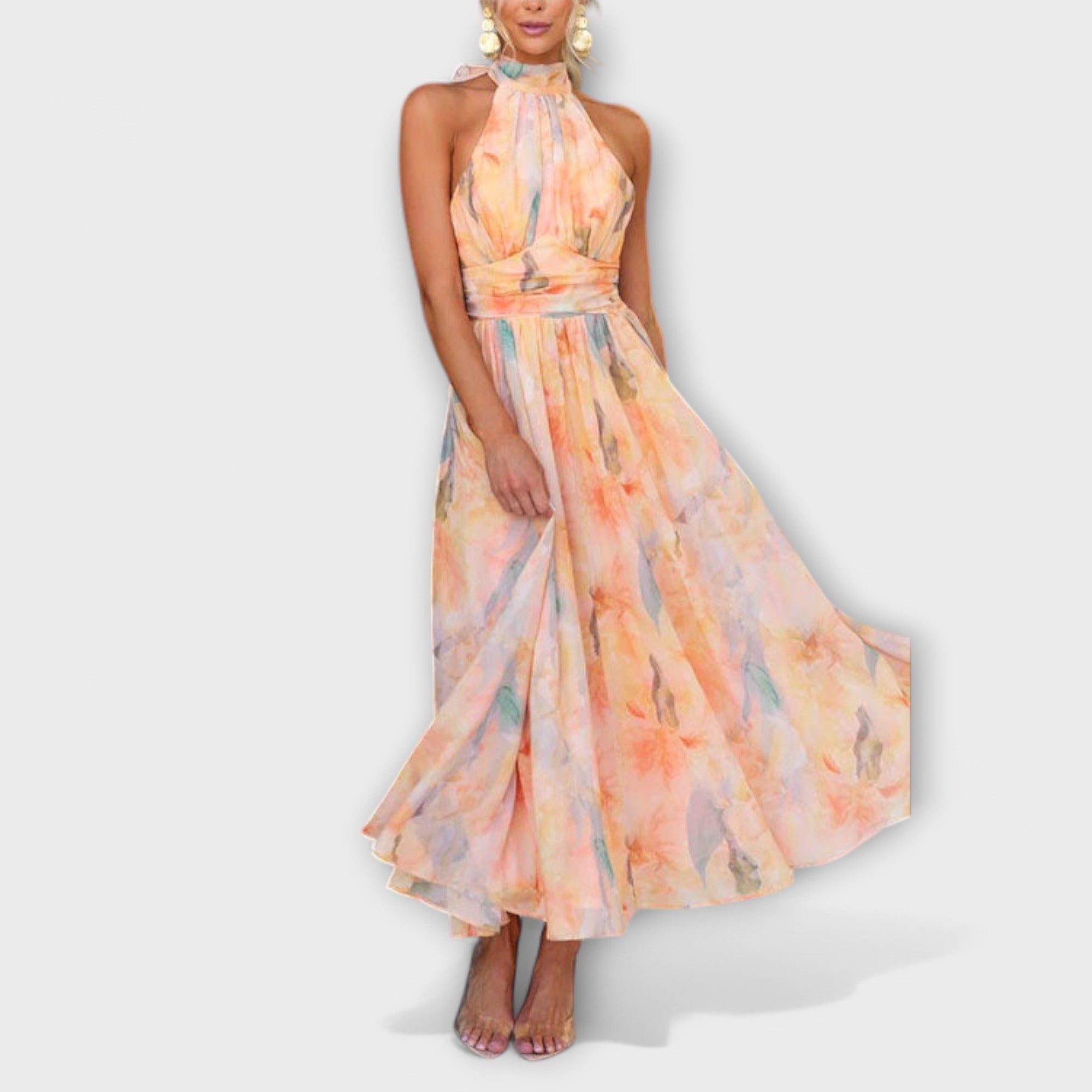 Neck Watercolor Print Maxi Dress