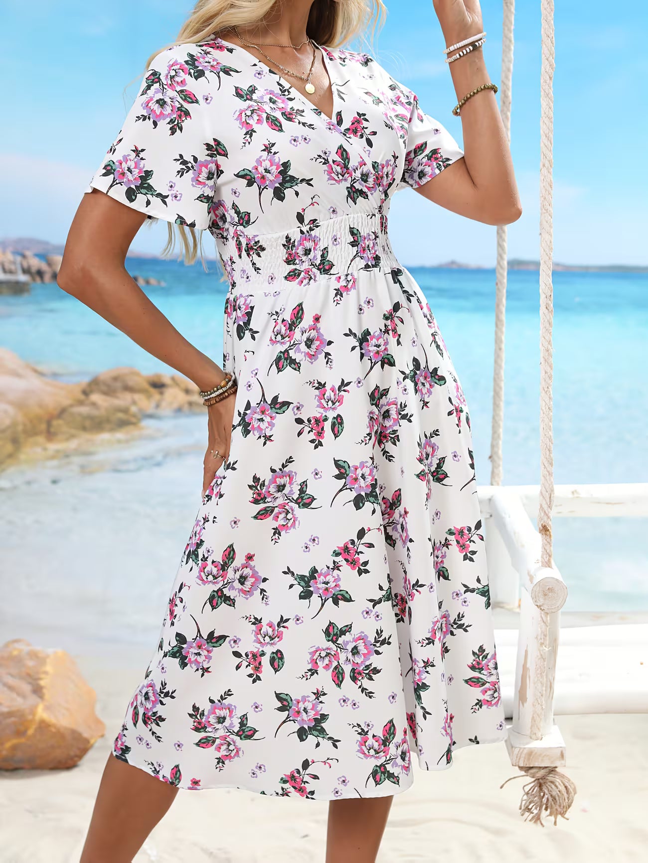 Women's Bohemian V-neck Short Sleeve Shirt Dress