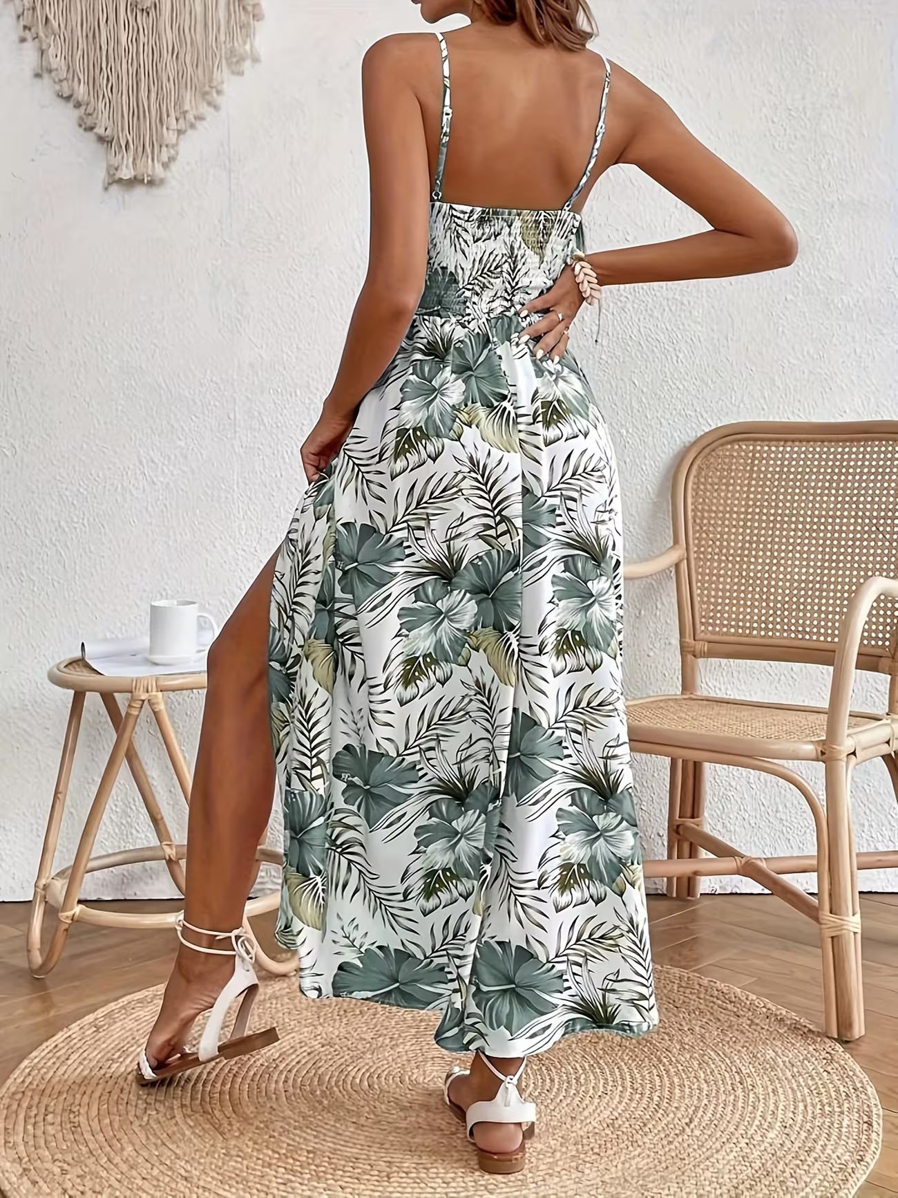 Women's Floral Print Bohemian Sleeveless Split Midi Dress