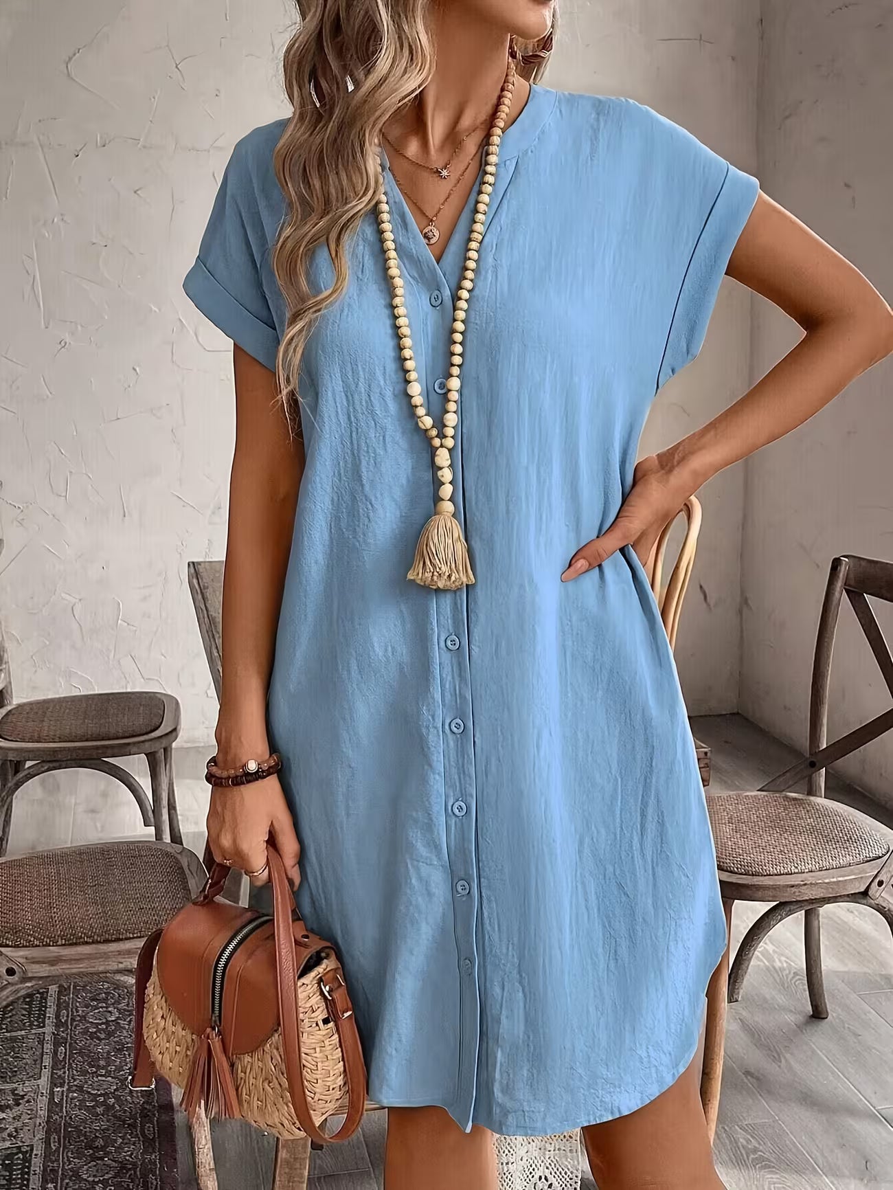 Women's Elegant V-neck Button Loose Fit Midi Dress Shirt