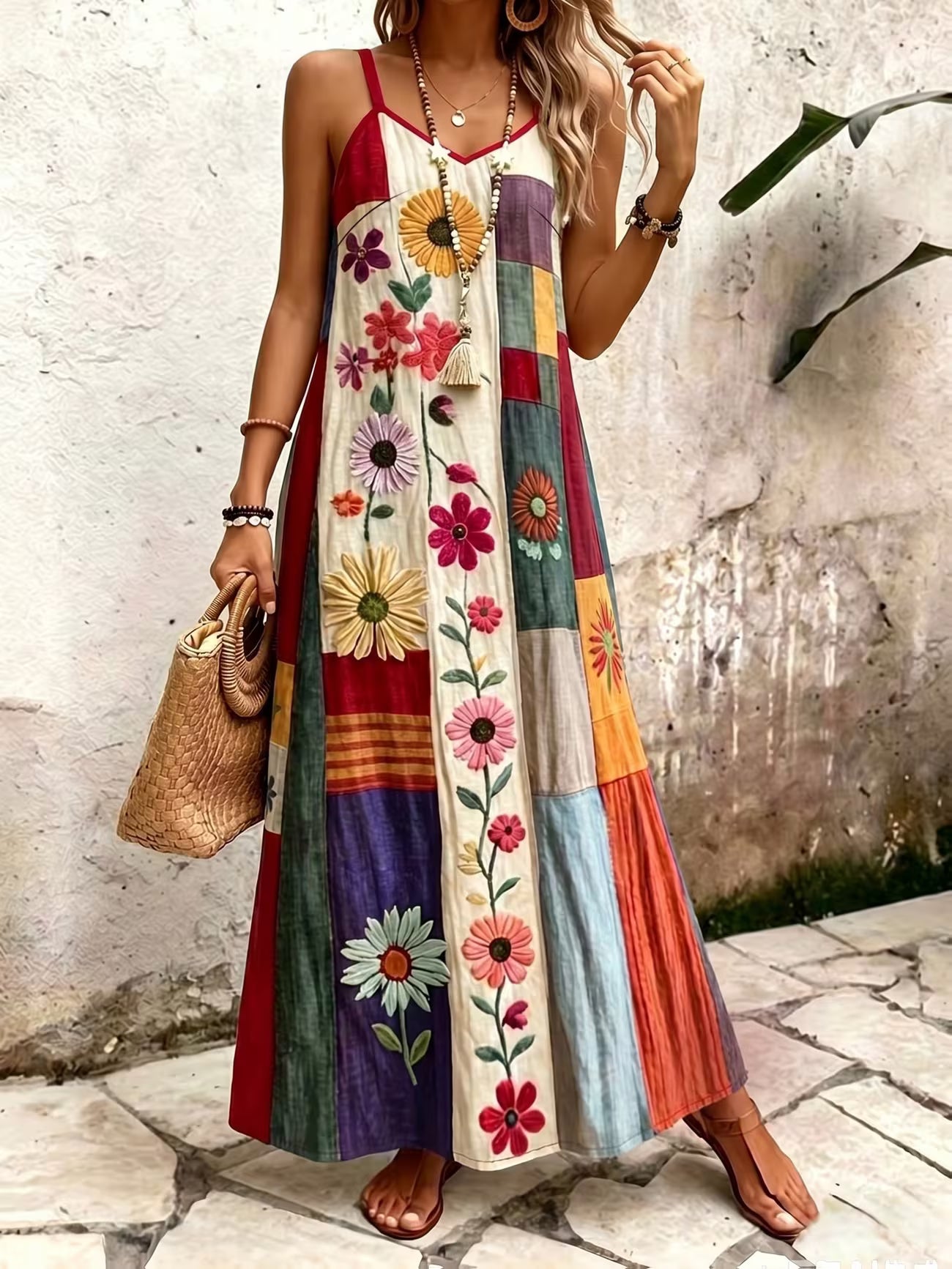 Women's Wine Red Bohemian A Line V-neck Midi Dress