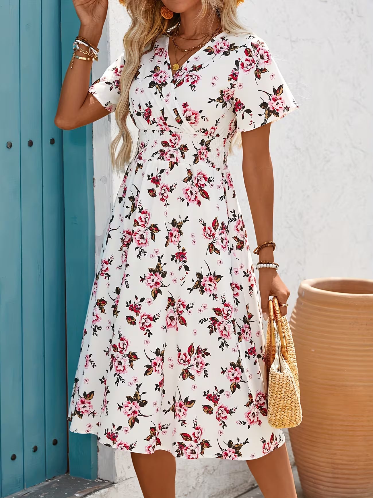 Women's Bohemian V-neck Short Sleeve Shirt Dress
