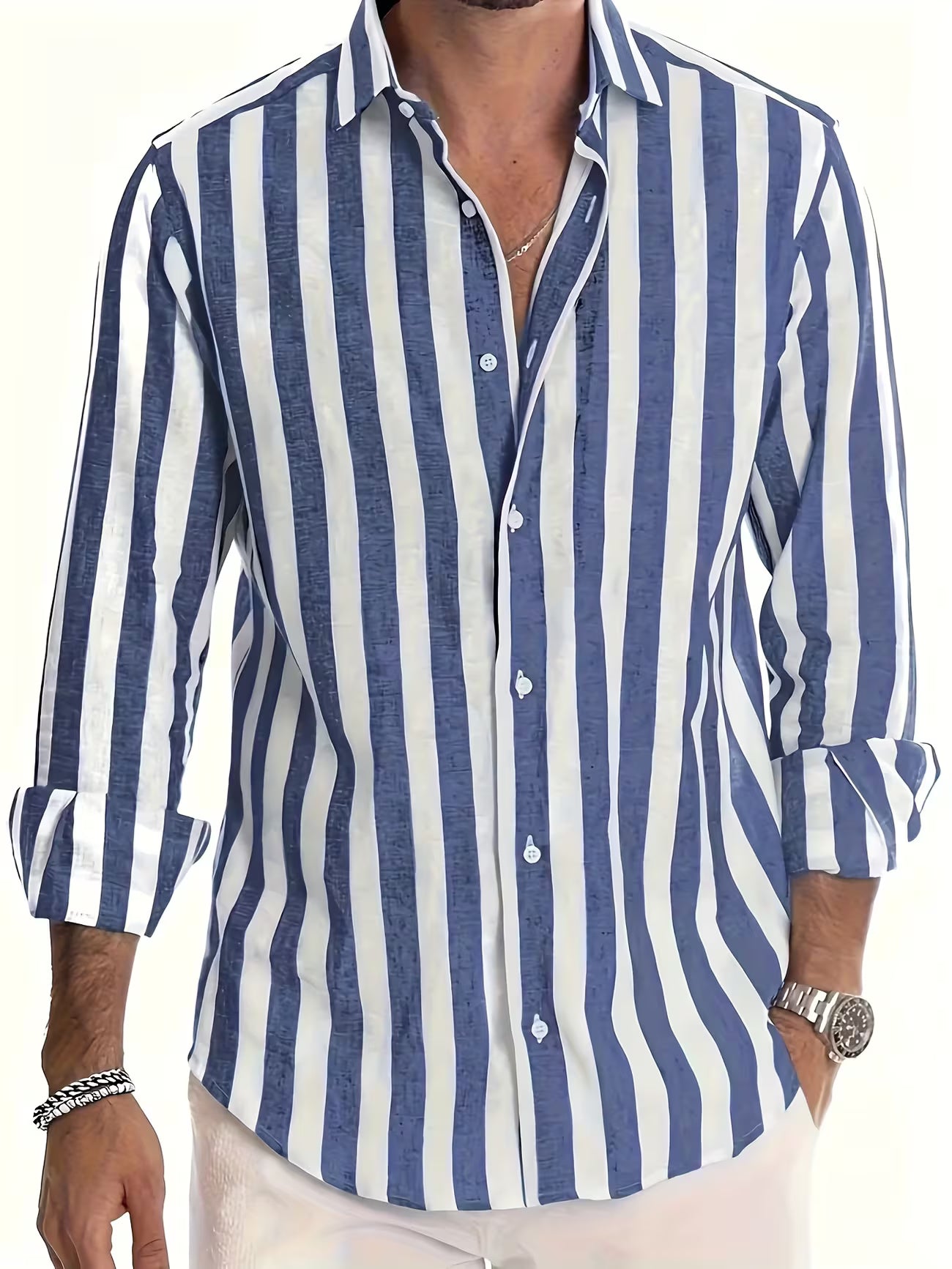 Men's Striped Long Sleeve Button-up Shirt