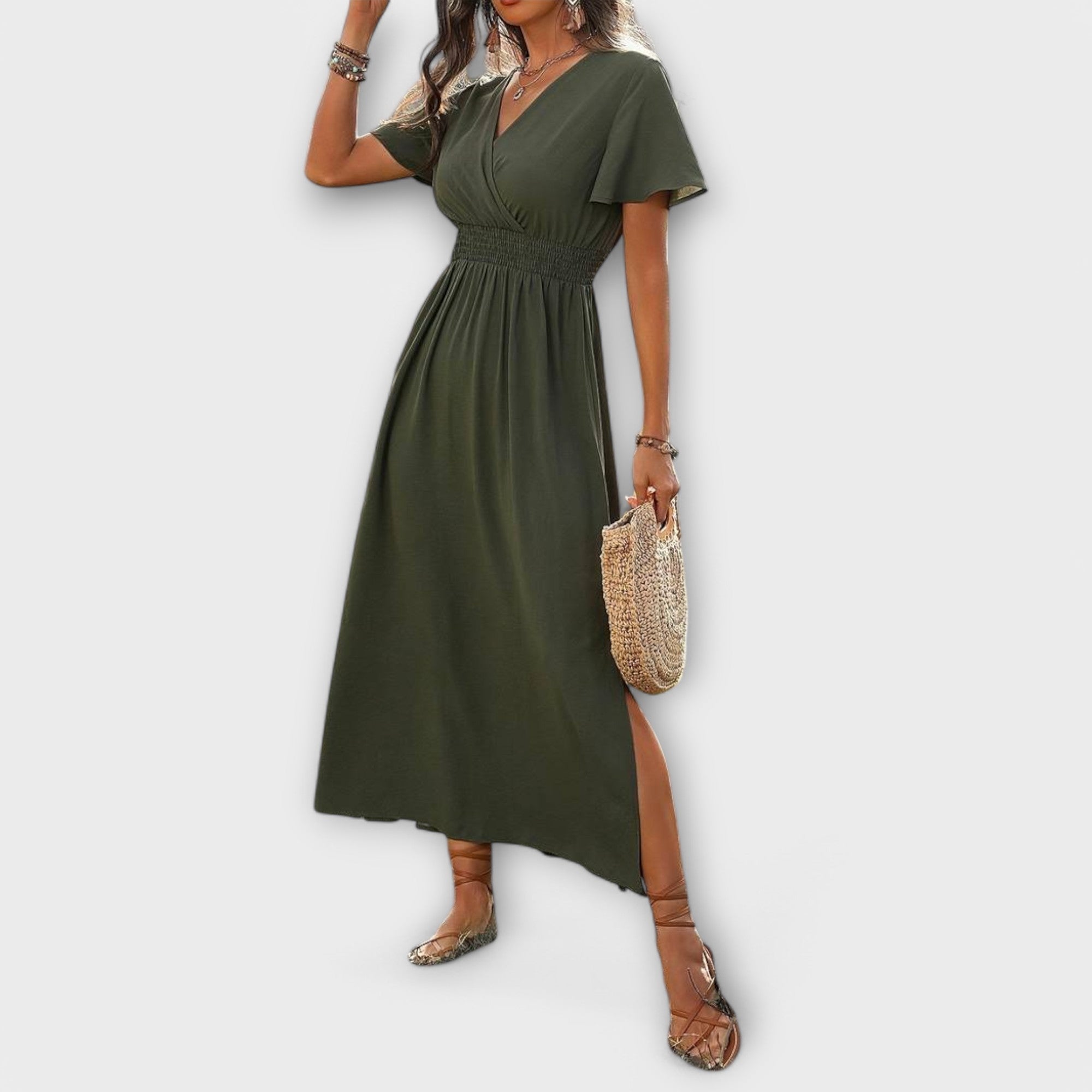 Elegant Boho Dress With V-Neck And Long Sleeves
