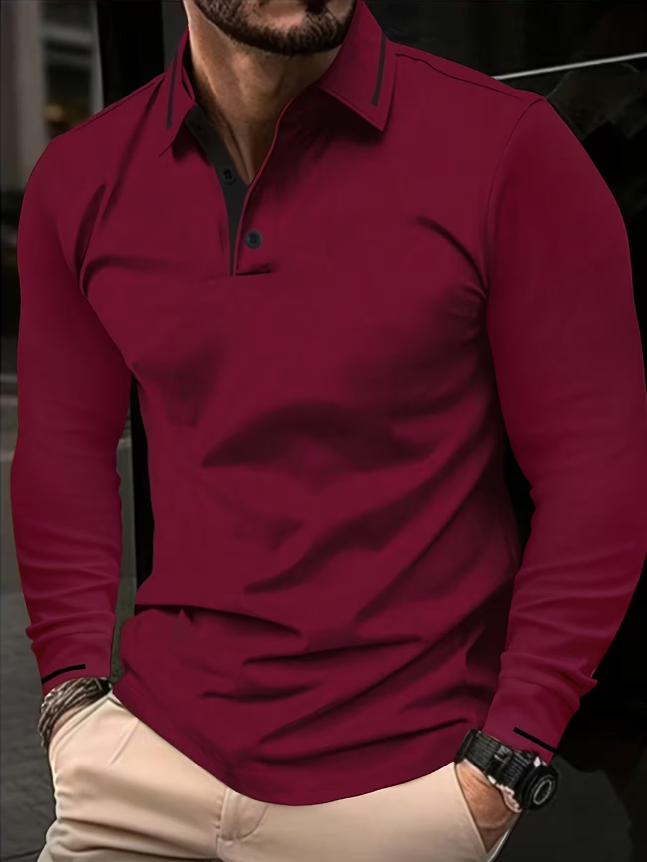 Men's Long Sleeve Rib-detail Stretch Golf Shirt