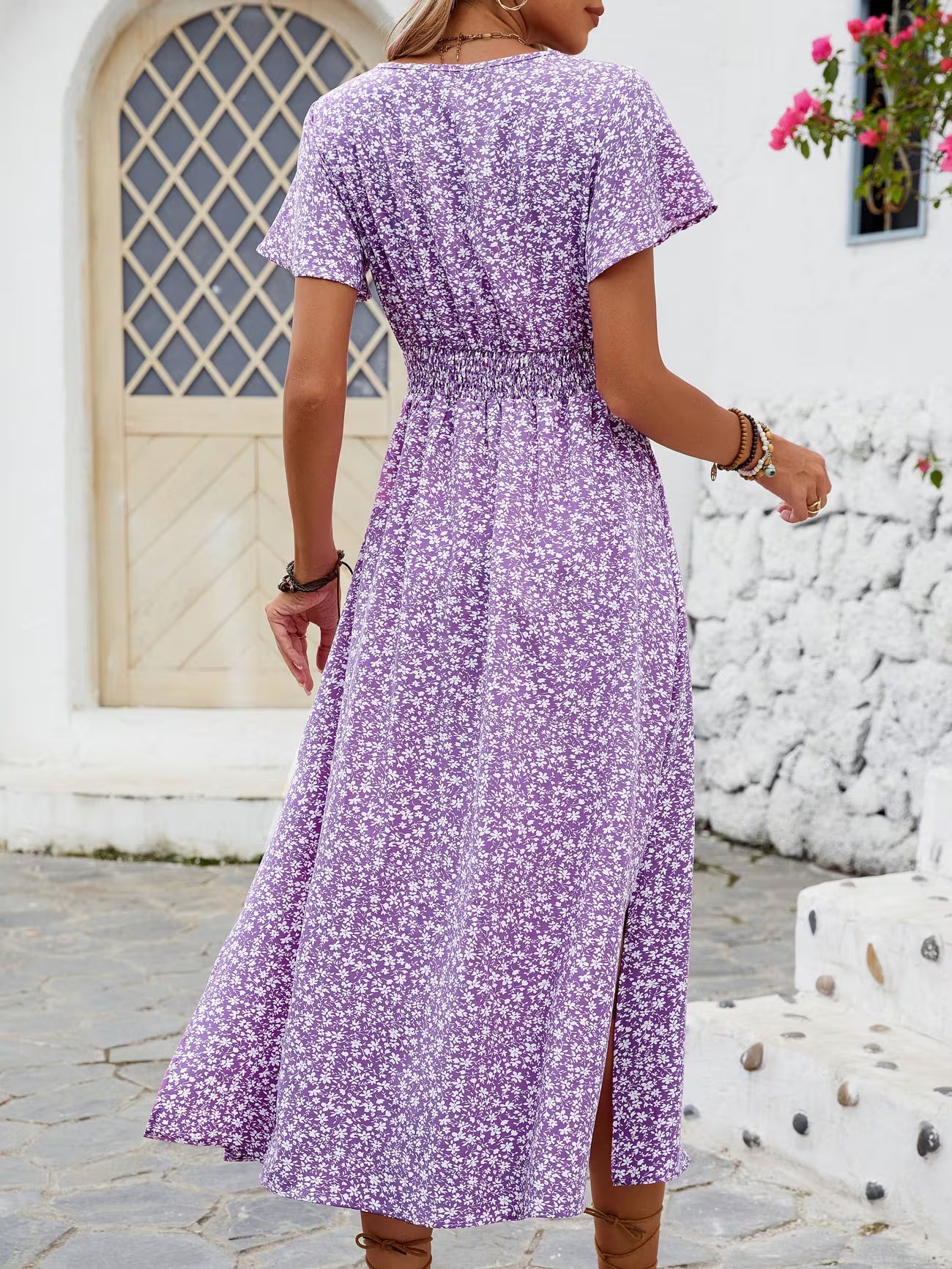 Women's Floral bohemian Print V-neck Midi Dress With Slit Sleeves