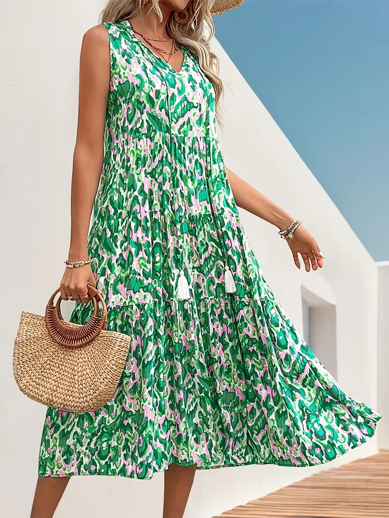Women's Sleeveless Bohemian Fringe Tie Dress
