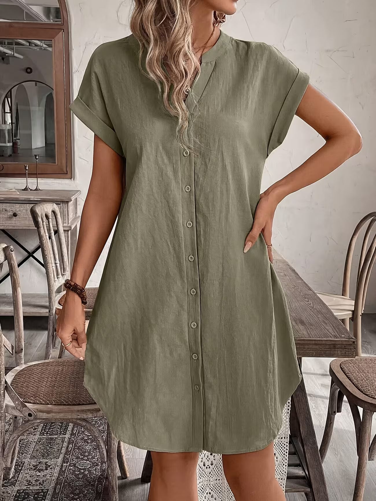 Women's Elegant V-neck Button Loose Fit Midi Dress Shirt