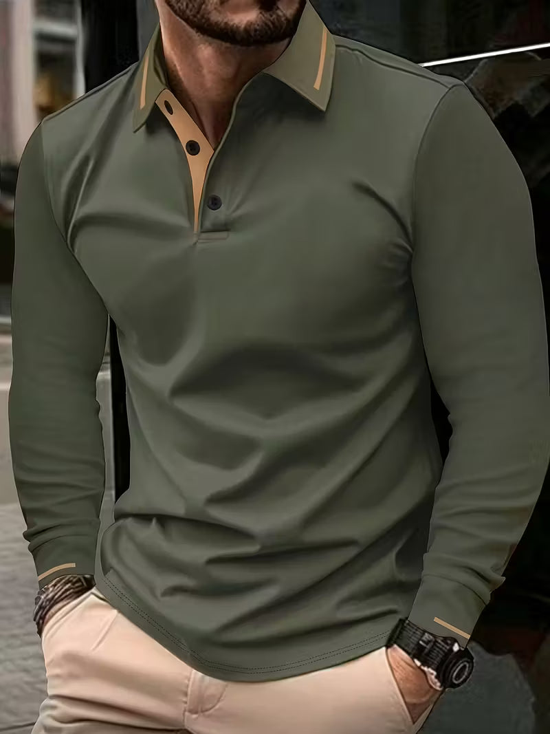 Men's Long Sleeve Rib-detail Stretch Golf Shirt