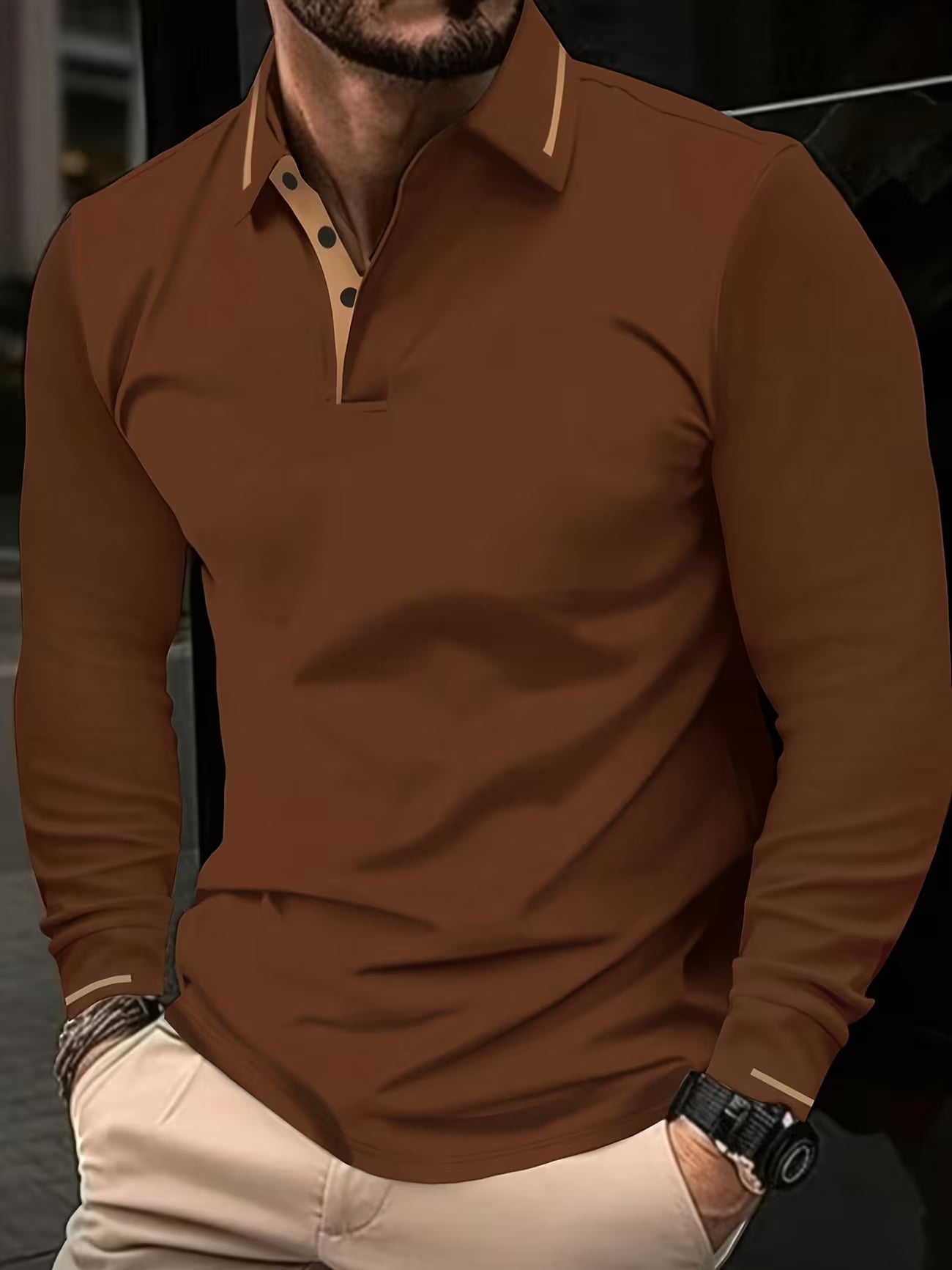 Men's Long Sleeve Rib-detail Stretch Golf Shirt