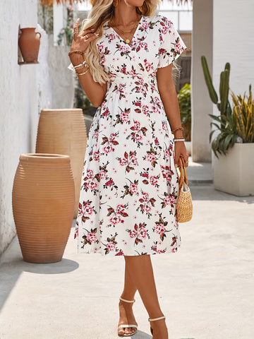 Women's Bohemian V-neck Short Sleeve Shirt Dress