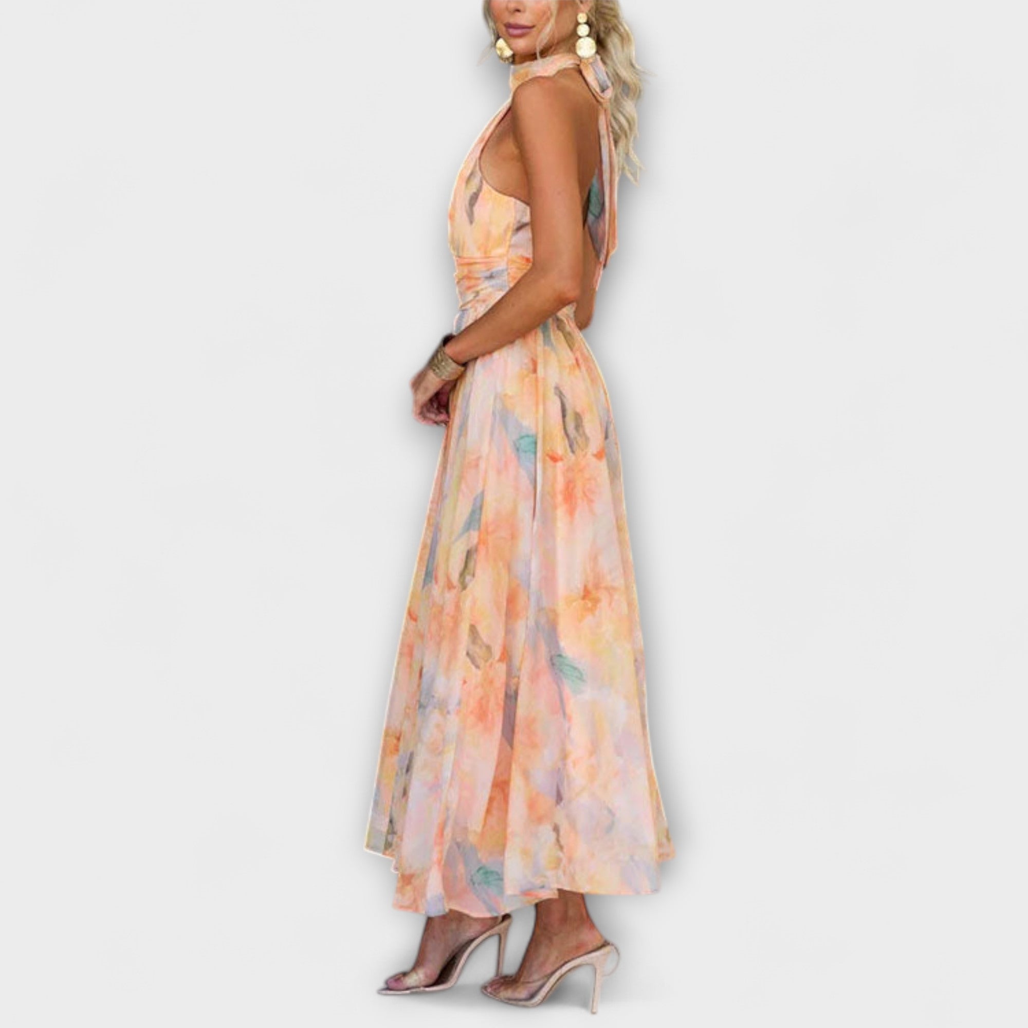 Neck Watercolor Print Maxi Dress