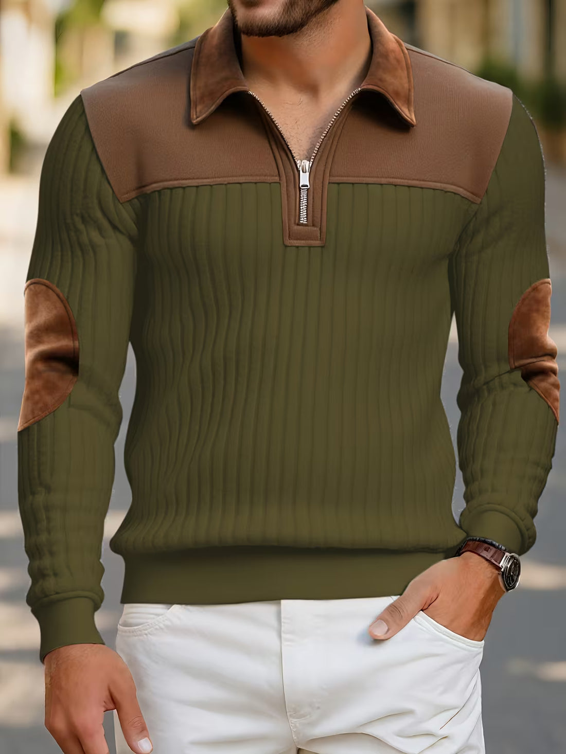 Men's Color Block Stand Collar Pullover Sweater Shirt