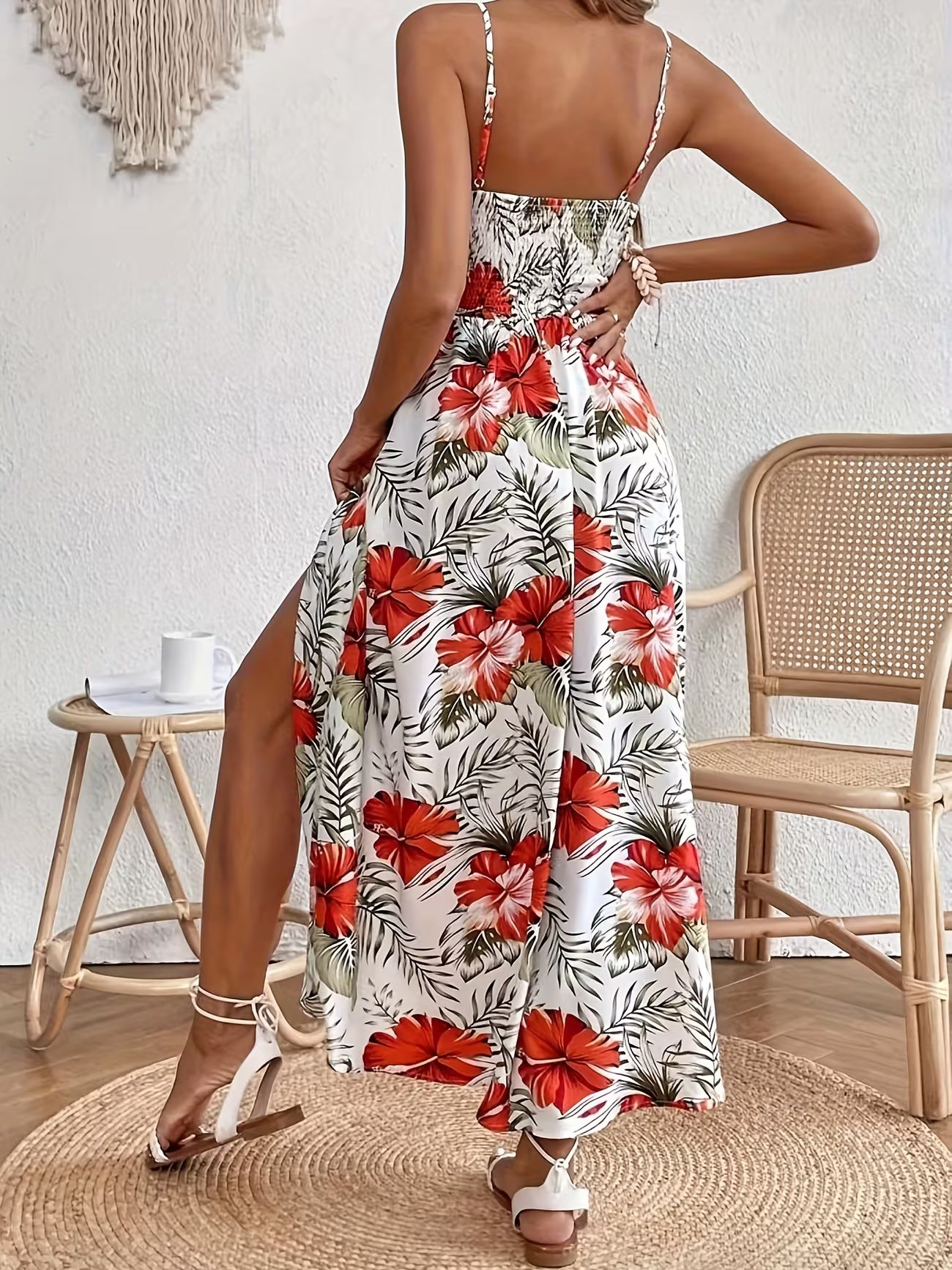 Women's Floral Print Bohemian Sleeveless Split Midi Dress