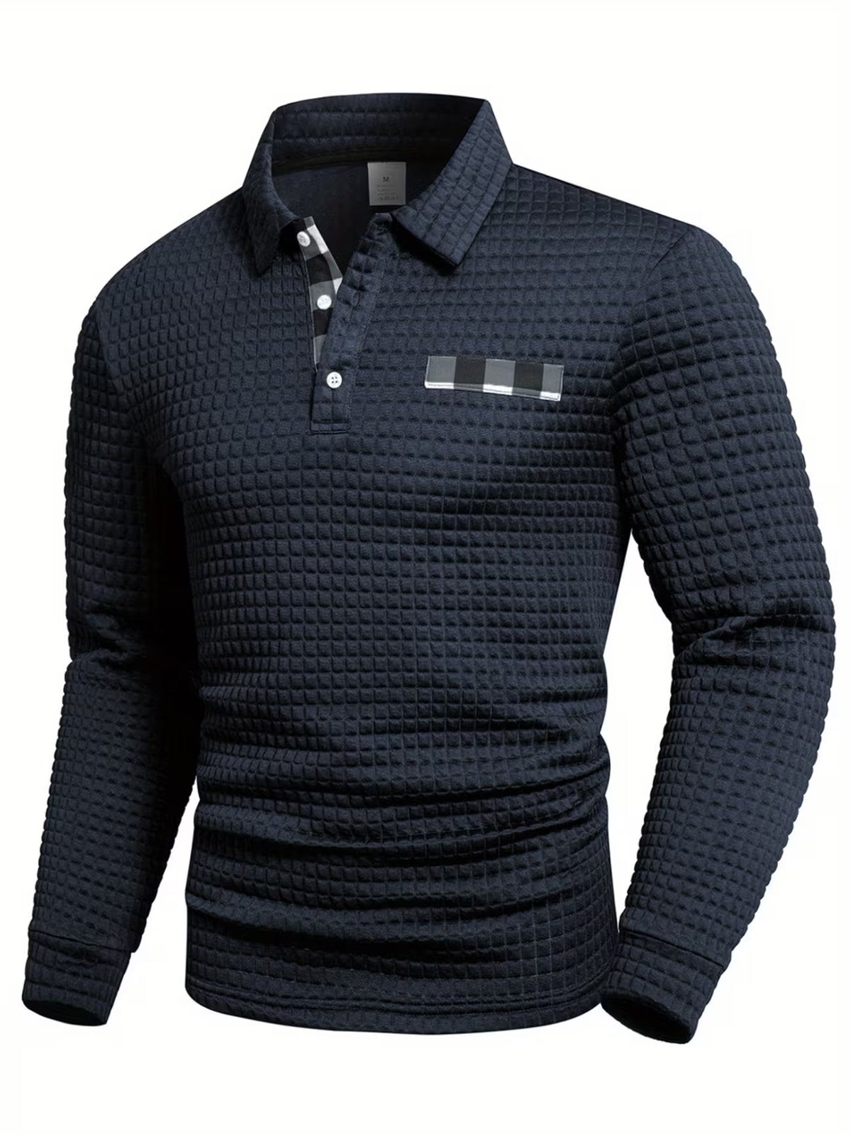 Men's Grid Print Shirt – Textured Long Sleeve, Lapel Collar