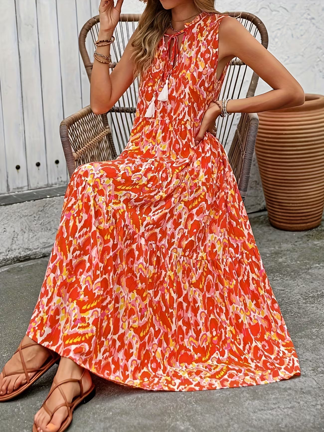 Women's Sleeveless Bohemian Fringe Tie Dress