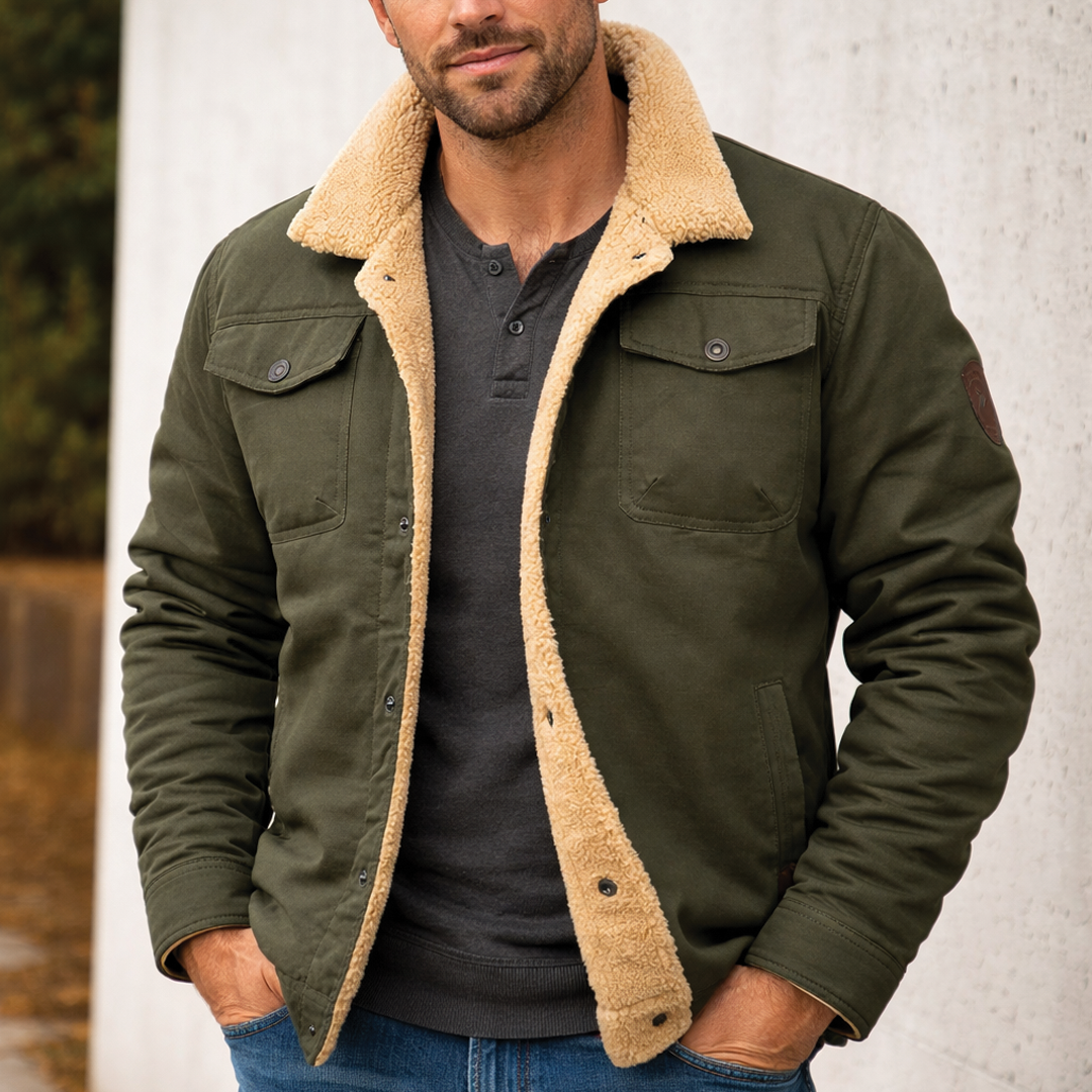 Men's Sherpa Lined Jacket – Button Front Workwear Style, Regular Fit