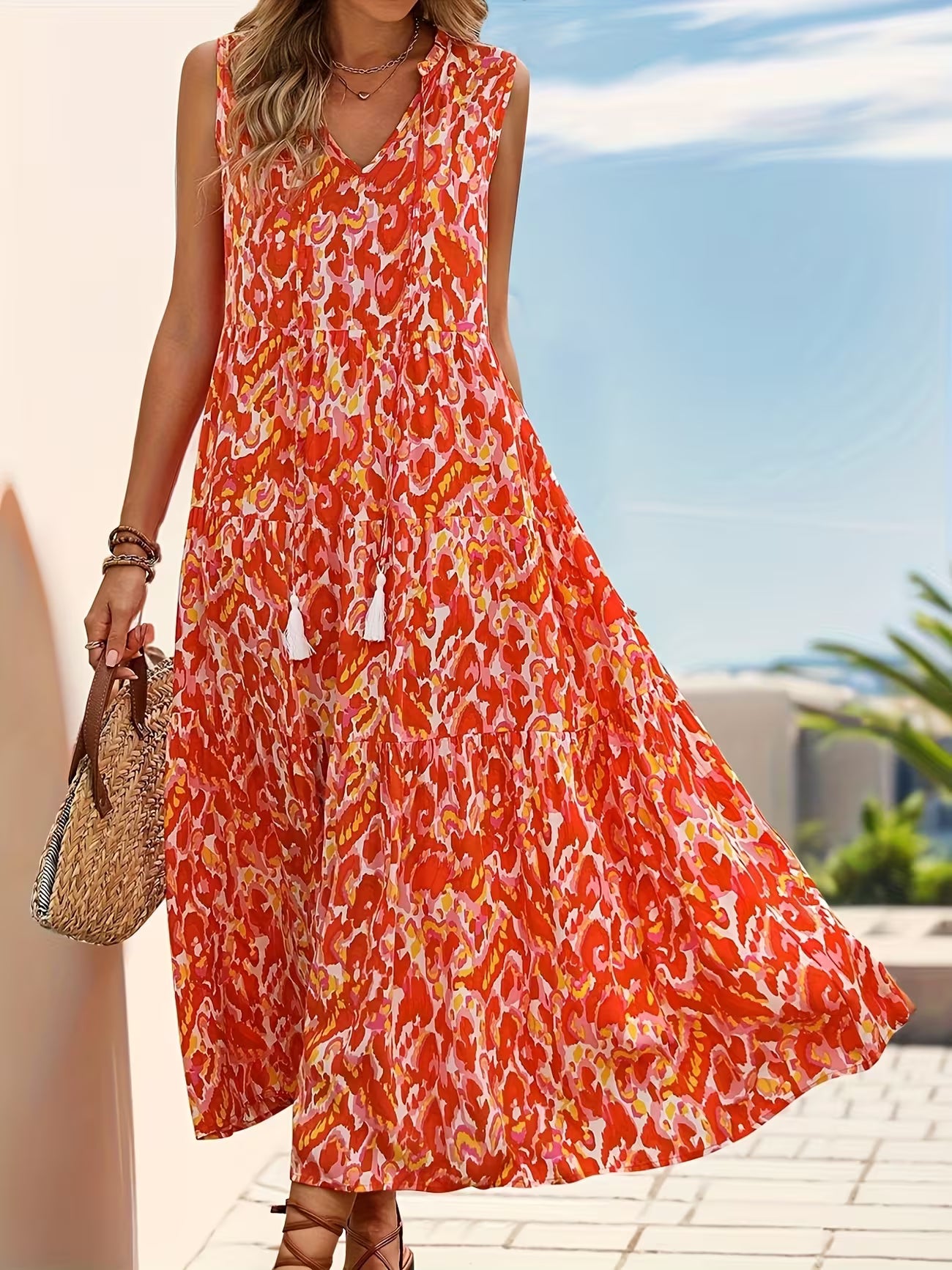 Women's Sleeveless Bohemian Fringe Tie Dress