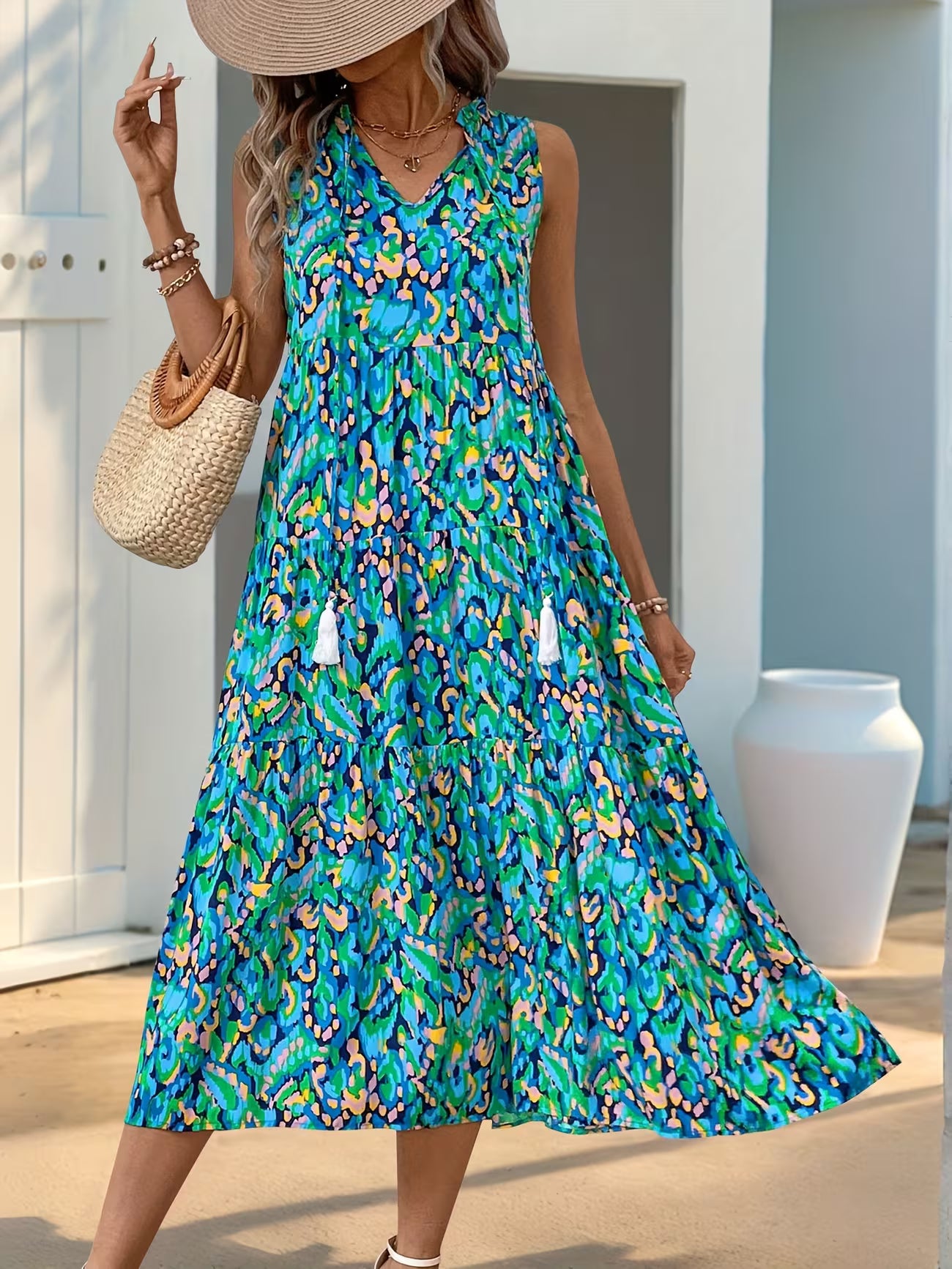 Women's Sleeveless Bohemian Fringe Tie Dress