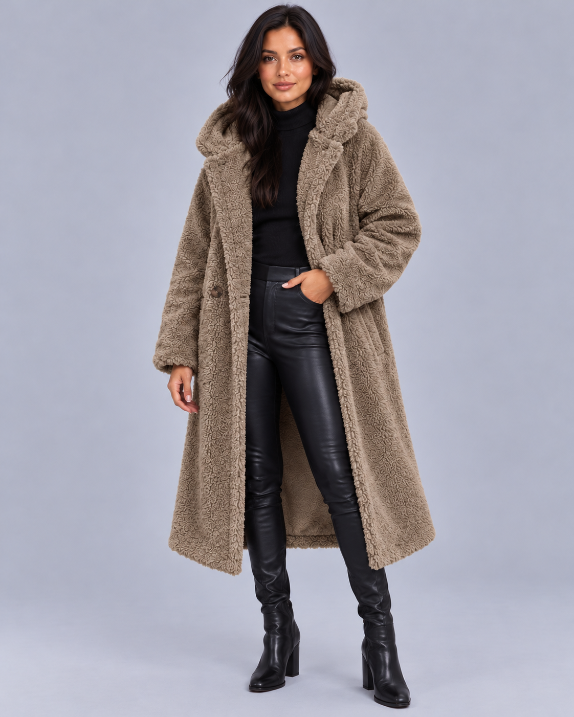 Women's Oversized Longline Hooded Teddy Coat