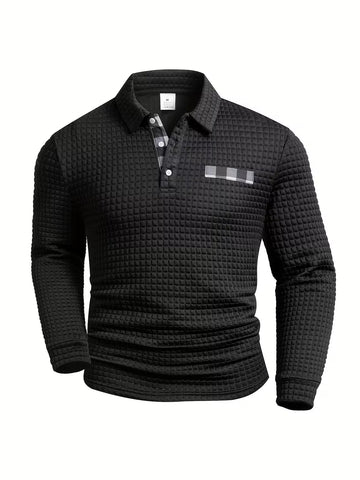 Men's Textured Grid Print Long Sleeve Lapel Shirt