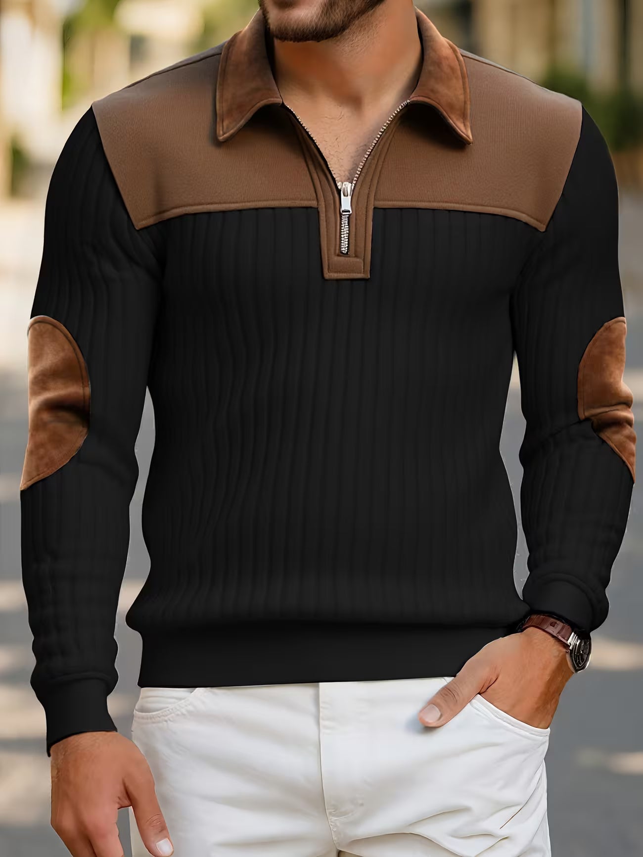 Men's Color Block Stand Collar Pullover Sweater Shirt