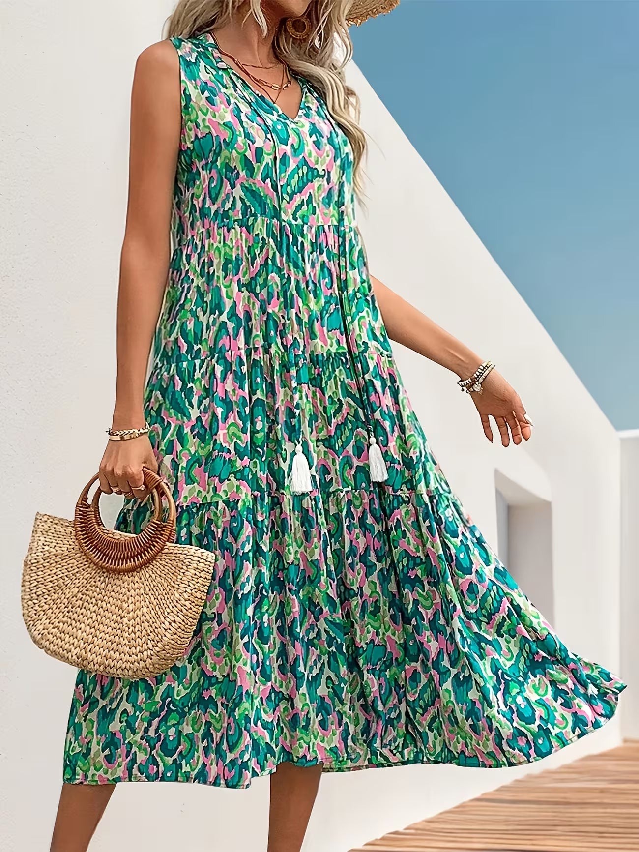 Women's Sleeveless Bohemian Fringe Tie Dress