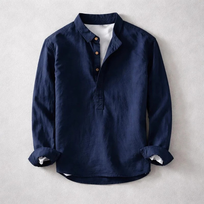 Men's Linen Cotton Henley Shirt – Band Collar, Relaxed Fit