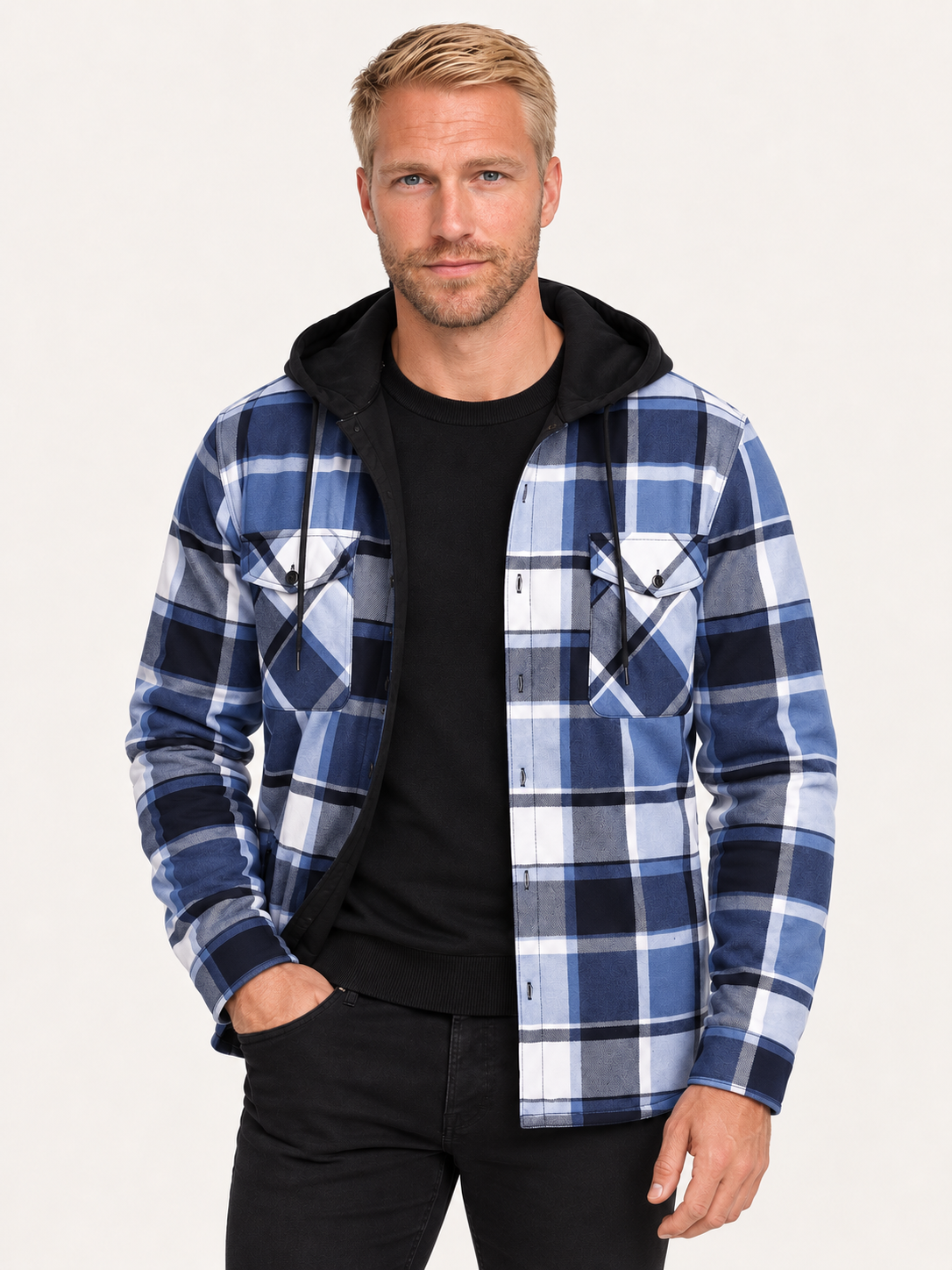 Men's Hooded Flannel Shirt Jacket – Check Overshirt, Flap Pockets