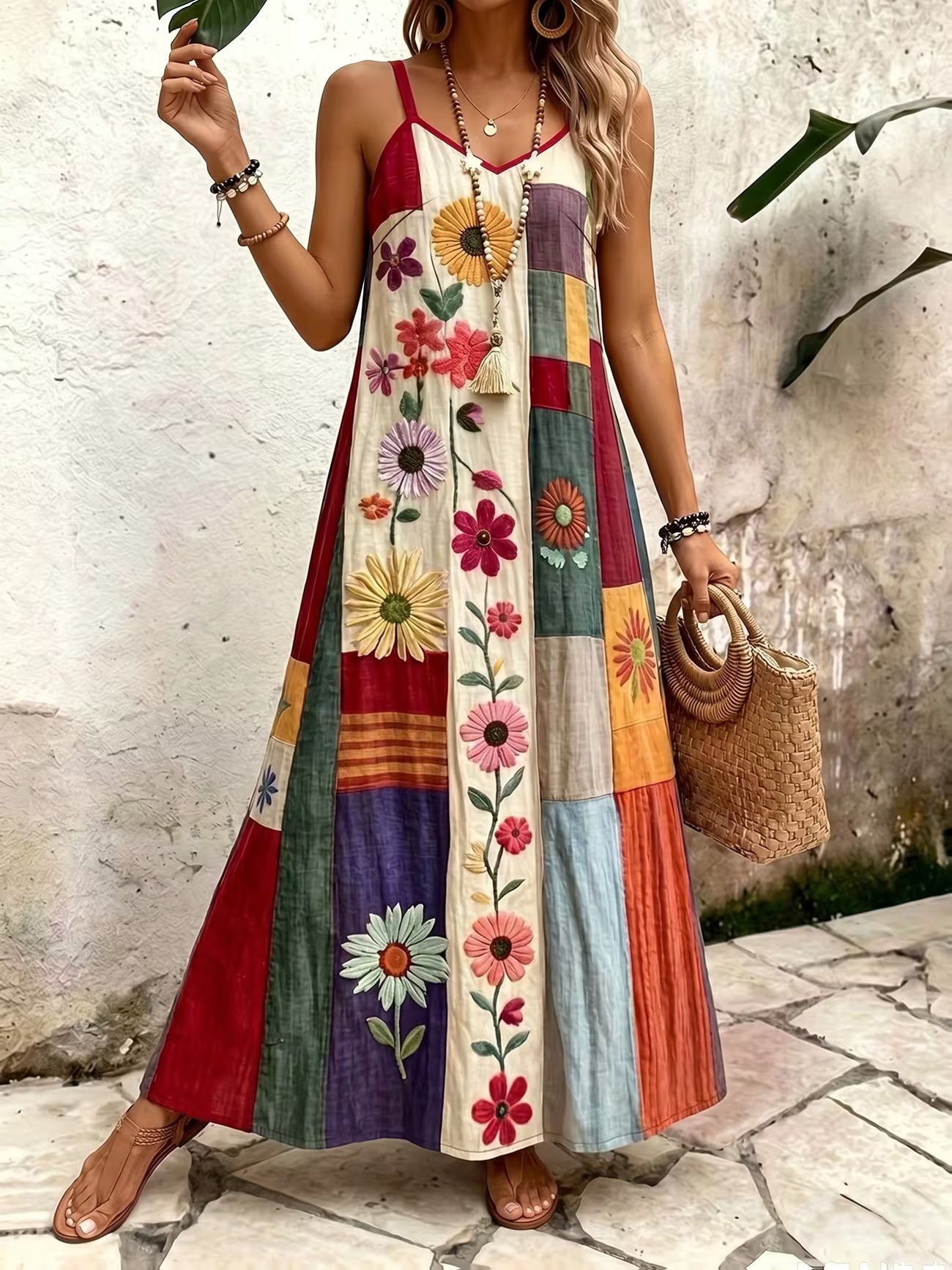 Women's Wine Red Bohemian A Line V-neck Midi Dress