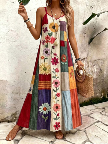Women's Wine Red Bohemian A Line V-neck Midi Dress