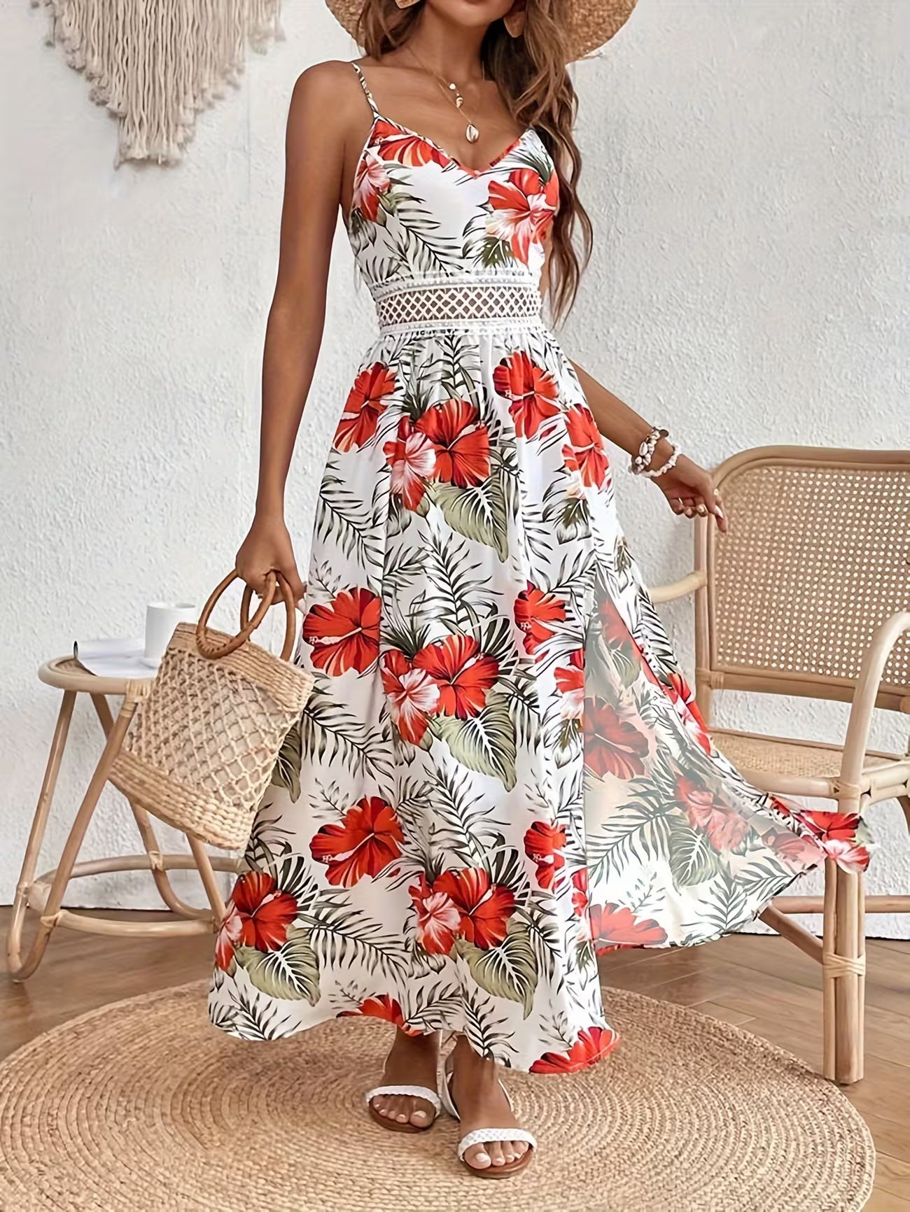 Women's Floral Print Bohemian Sleeveless Split Midi Dress