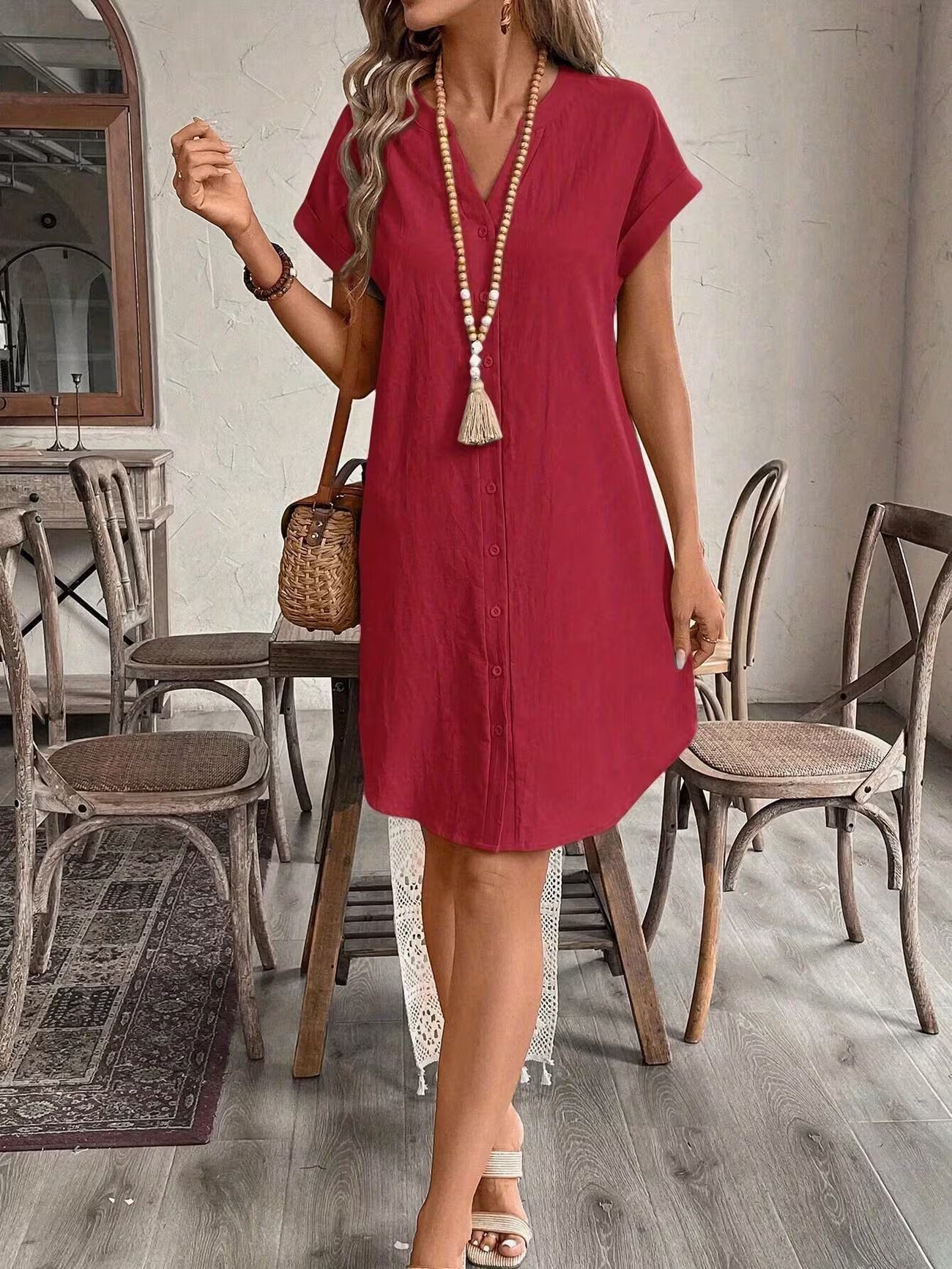 Women's Elegant V-neck Button Loose Fit Midi Dress Shirt