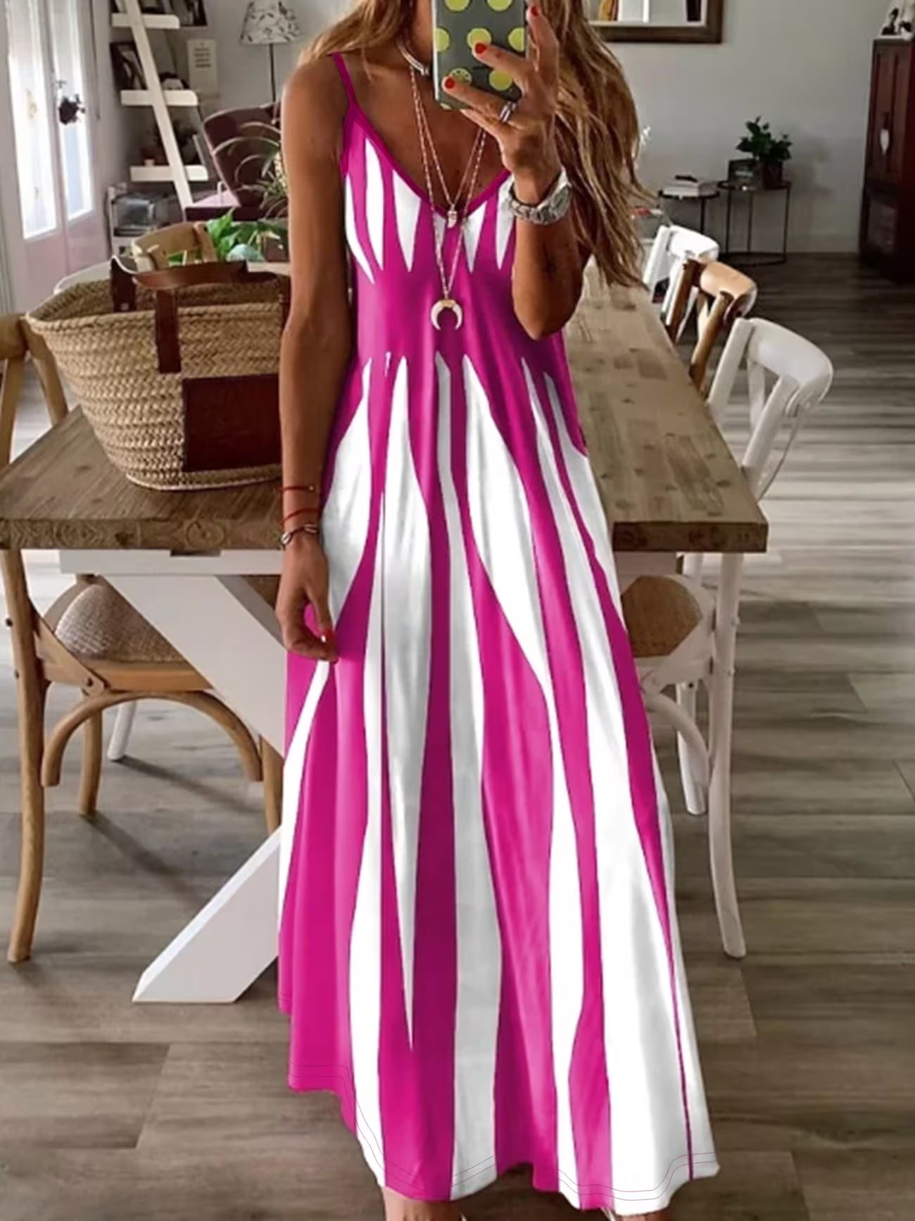 Women's Printed V-neck Slip Dress With Slim Straps