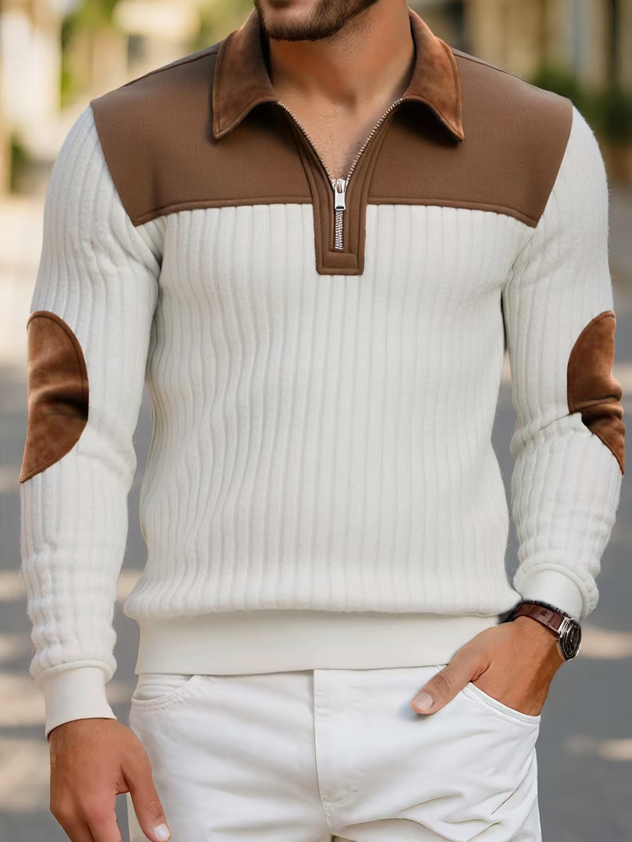 Men's Color Block Stand Collar Pullover Sweater Shirt