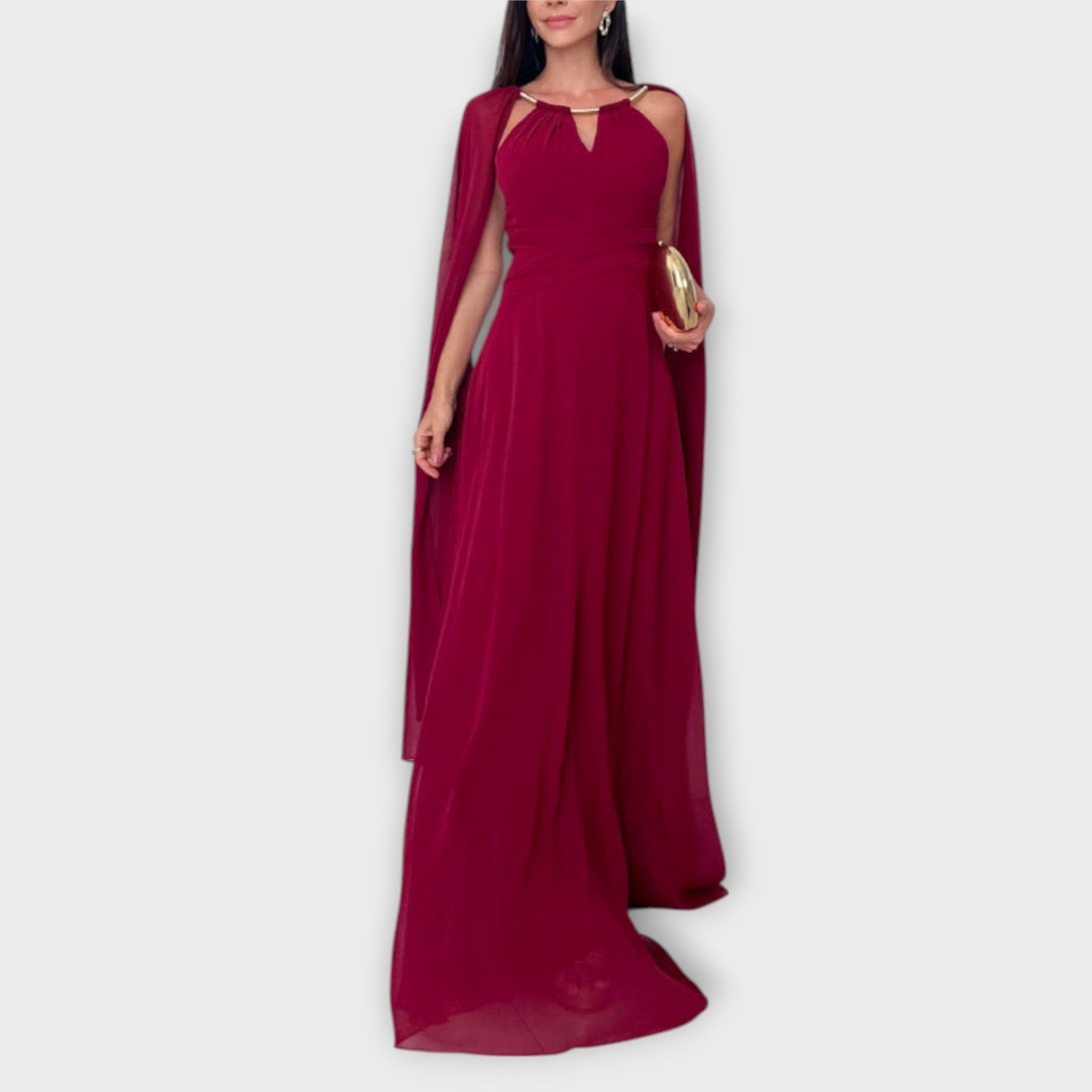 Elegant Maxi Dress With Cape Sleeves And High Slit