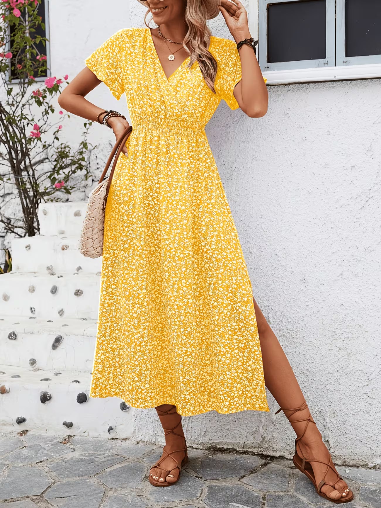 Women's Floral bohemian Print V-neck Midi Dress With Slit Sleeves